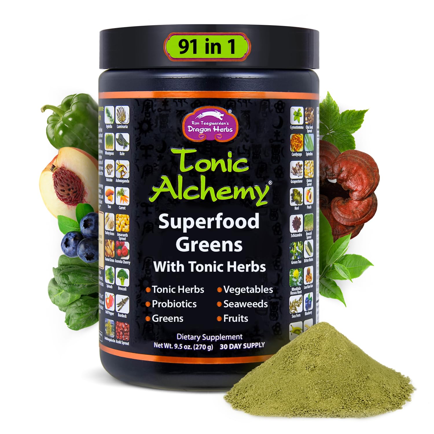 Dragon Herbs Tonic Alchemy Superfood Greens Powder with 91 Ingredients: Tonic Herbs, Ashwagandha, Mushrooms, Probiotics, Super Greens, Seaweeds, Fruits, Vegetables, Spirulina - 30 Servings - TrustMedUSA