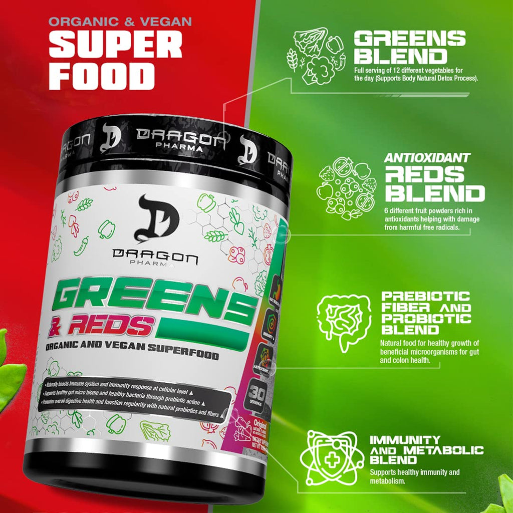 DRAGON PHARMA Greens and Reds, Over 23 Nutritious Superfoods, Reds and Vegetables, Optimal Health and Wellness (30 Servings, Original) - TrustMedUSA