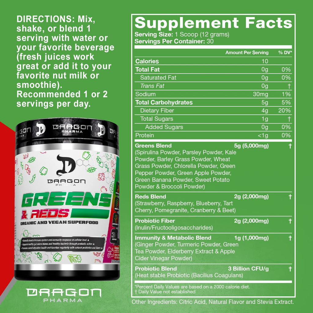 DRAGON PHARMA Greens and Reds, Over 23 Nutritious Superfoods, Reds and Vegetables, Optimal Health and Wellness (30 Servings, Original) - TrustMedUSA