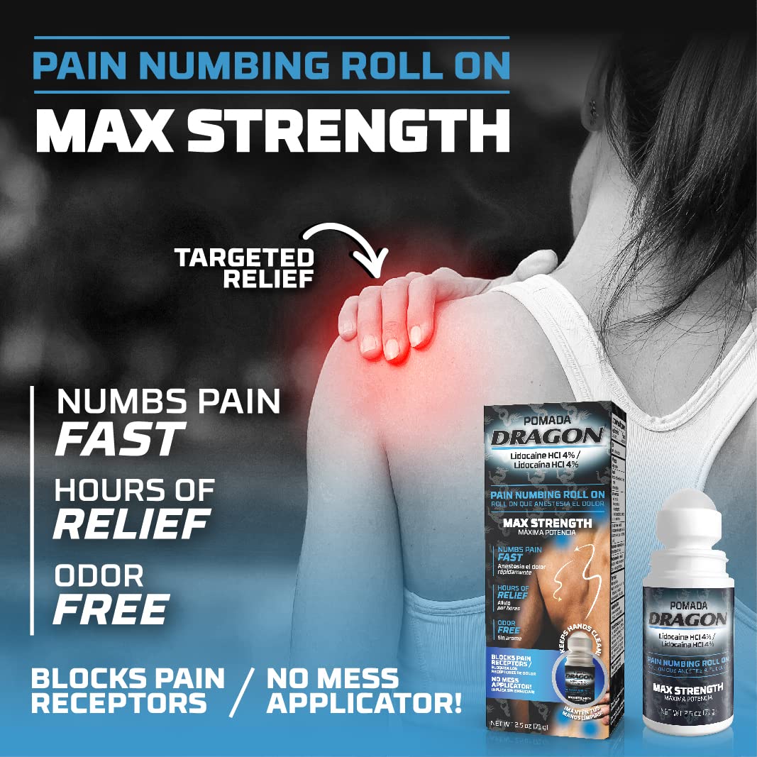 Dragon - POMADA, Maximum Strength- Pain Numbing & Long Lasting Pain Relief No Mess Applicator with Lidocaine Roll On, 2.5 oz, Pack of 3 - TrustMedUSA
