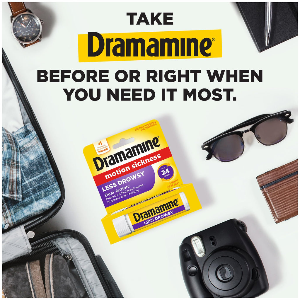 Dramamine Motion Sickness Less Drowsy, Travel Vial, Multicolor, 8 Count - Maple Wellness Supplements