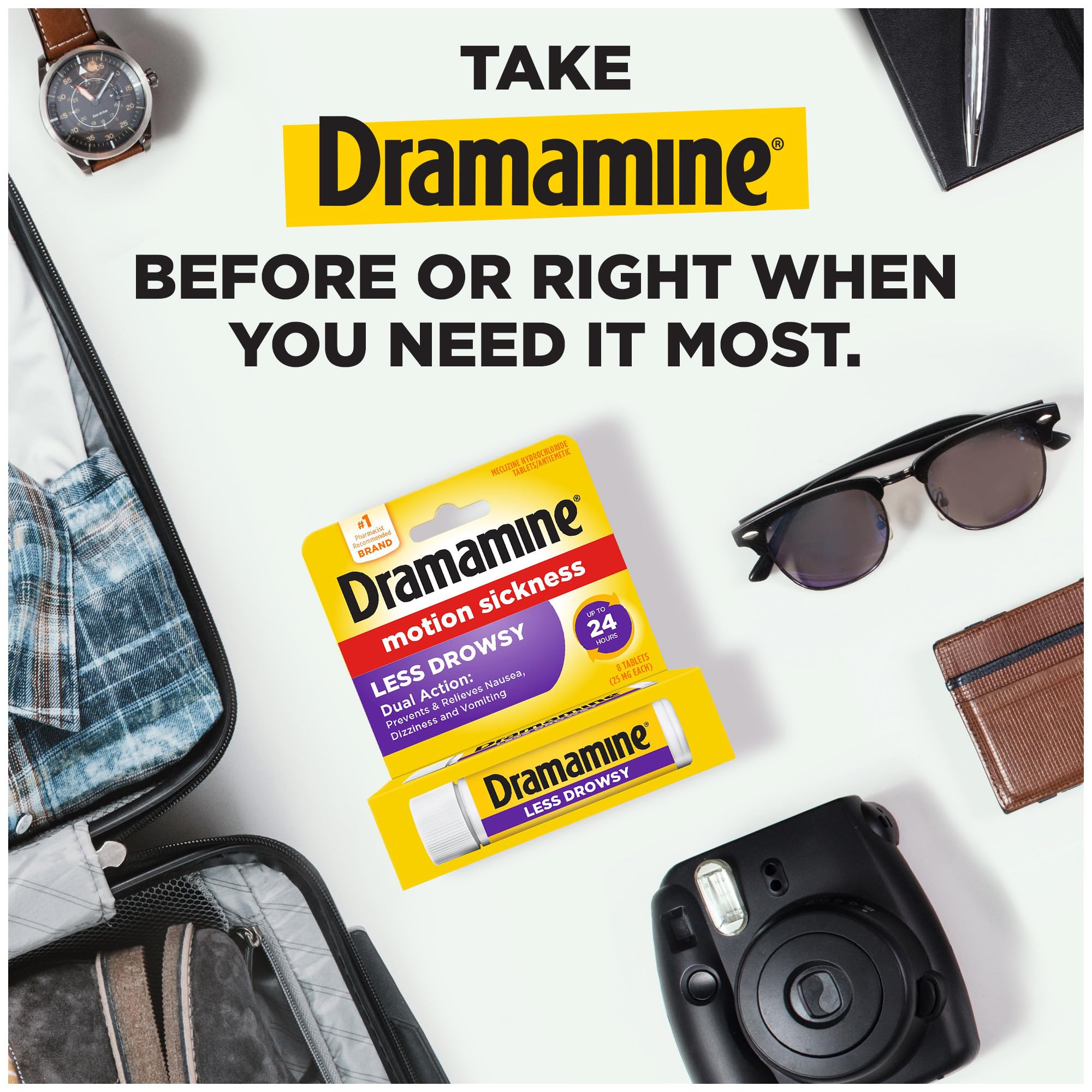 Dramamine Motion Sickness Less Drowsy, Travel Vial, Multicolor, 8 Count - Maple Wellness Supplements