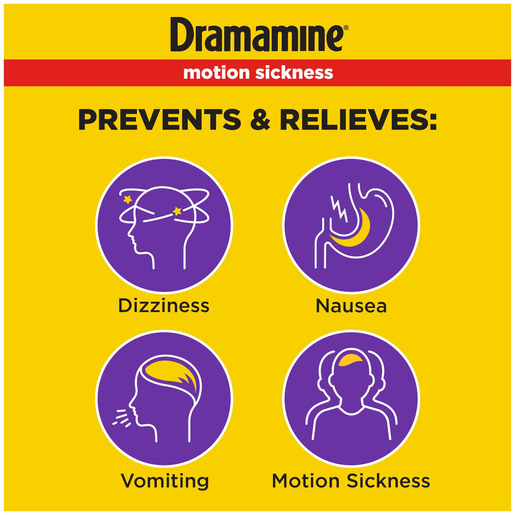 Dramamine Motion Sickness Less Drowsy, Travel Vial, Multicolor, 8 Count - Maple Wellness Supplements