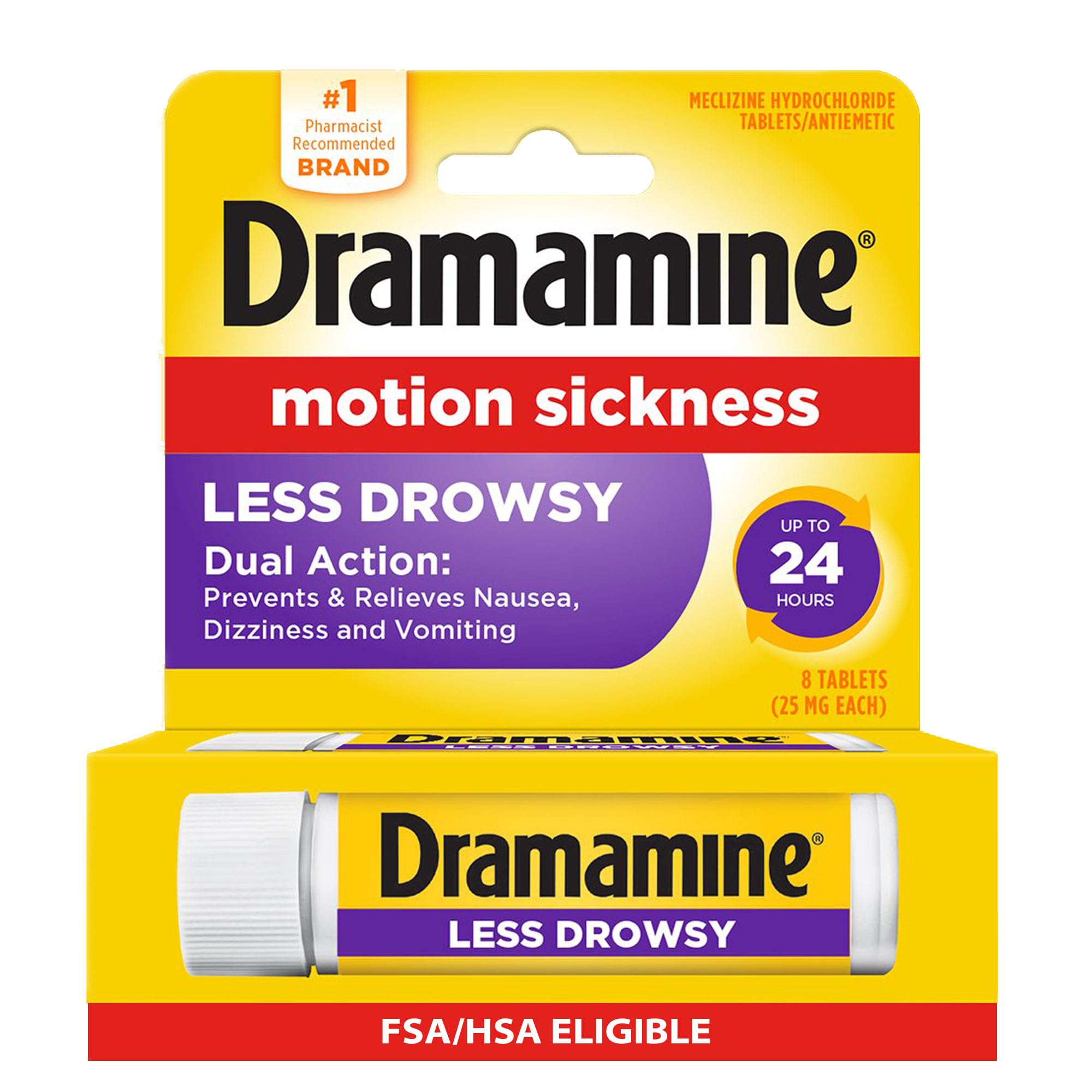 Dramamine Motion Sickness Less Drowsy, Travel Vial, Multicolor, 8 Count - Maple Wellness Supplements