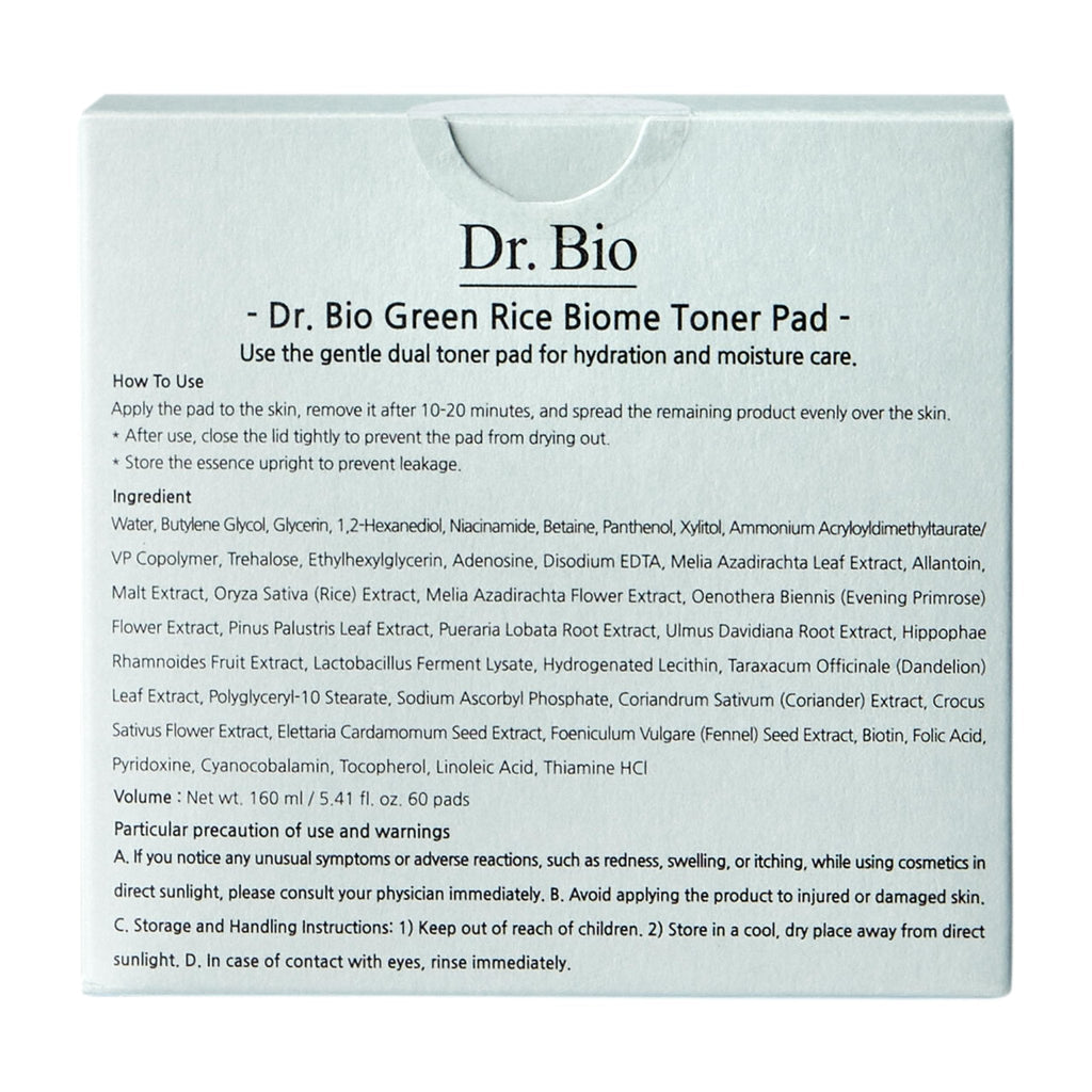 Dr.Bio Green Rice Biome Toner Pad (5.54oz/60 Pads) with Probiotic, Exfoliating, Remove Blackheads & Whiteheads, Radiant Skin, Dual-Sided Pad for Sensitive Skin, Fragrance-Free, Vegan Korean Skincare - Maple Wellness Supplements