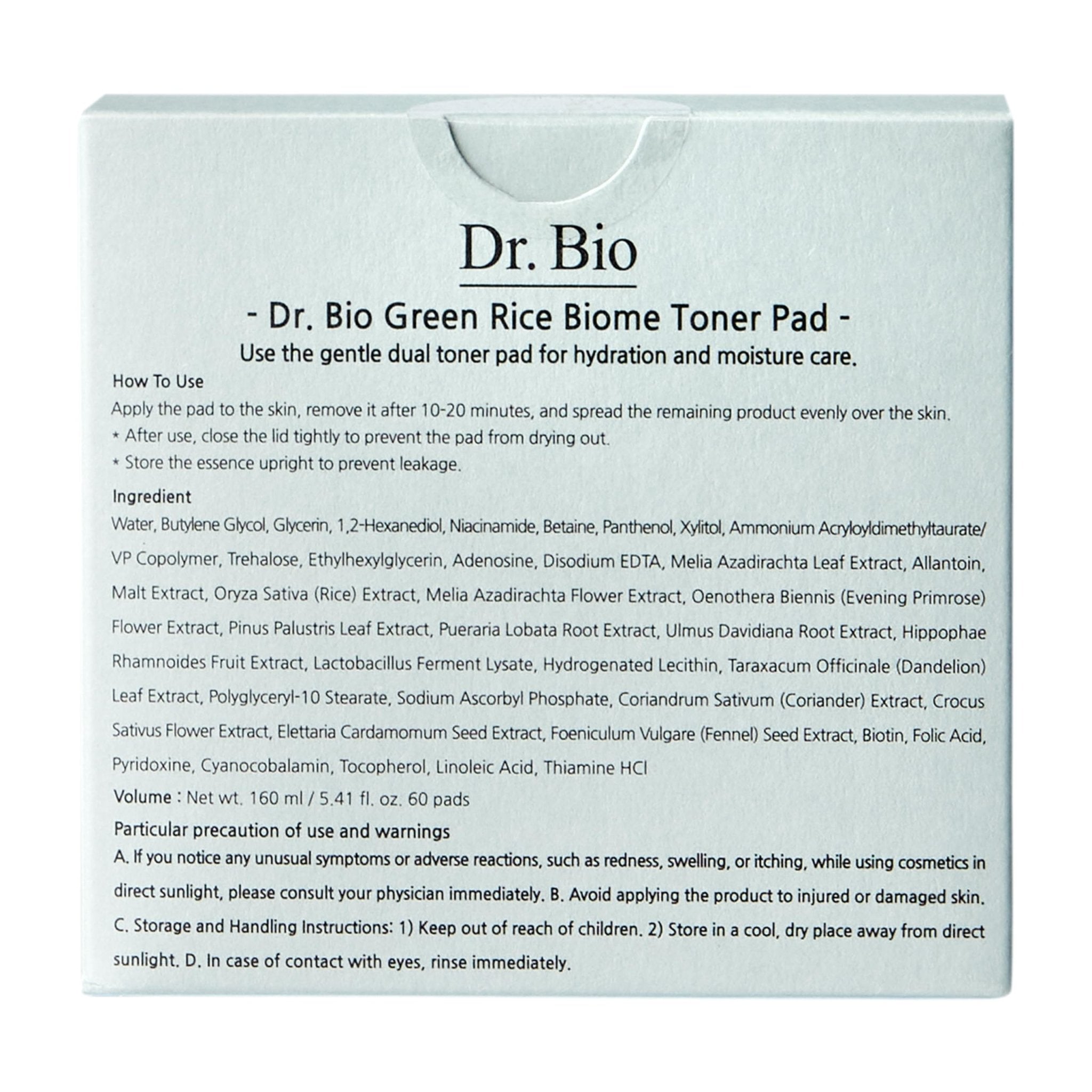 Dr.Bio Green Rice Biome Toner Pad (5.54oz/60 Pads) with Probiotic, Exfoliating, Remove Blackheads & Whiteheads, Radiant Skin, Dual-Sided Pad for Sensitive Skin, Fragrance-Free, Vegan Korean Skincare - Maple Wellness Supplements