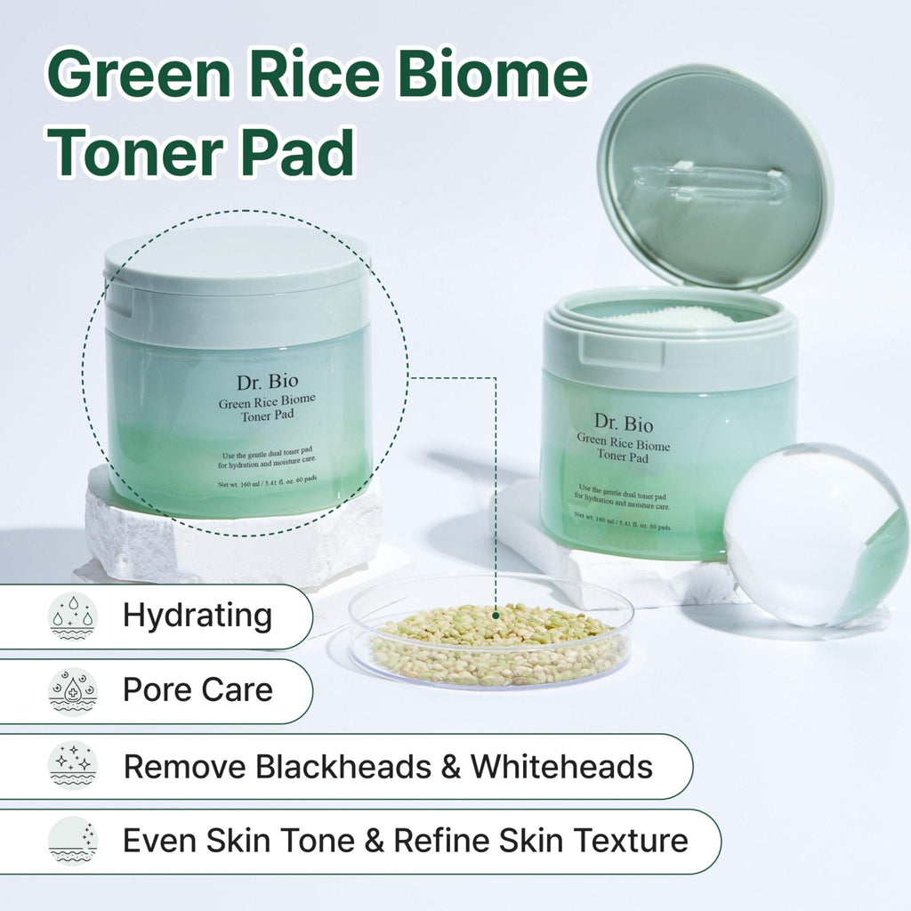 Dr.Bio Green Rice Biome Toner Pad (5.54oz/60 Pads) with Probiotic, Exfoliating, Remove Blackheads & Whiteheads, Radiant Skin, Dual-Sided Pad for Sensitive Skin, Fragrance-Free, Vegan Korean Skincare - Maple Wellness Supplements
