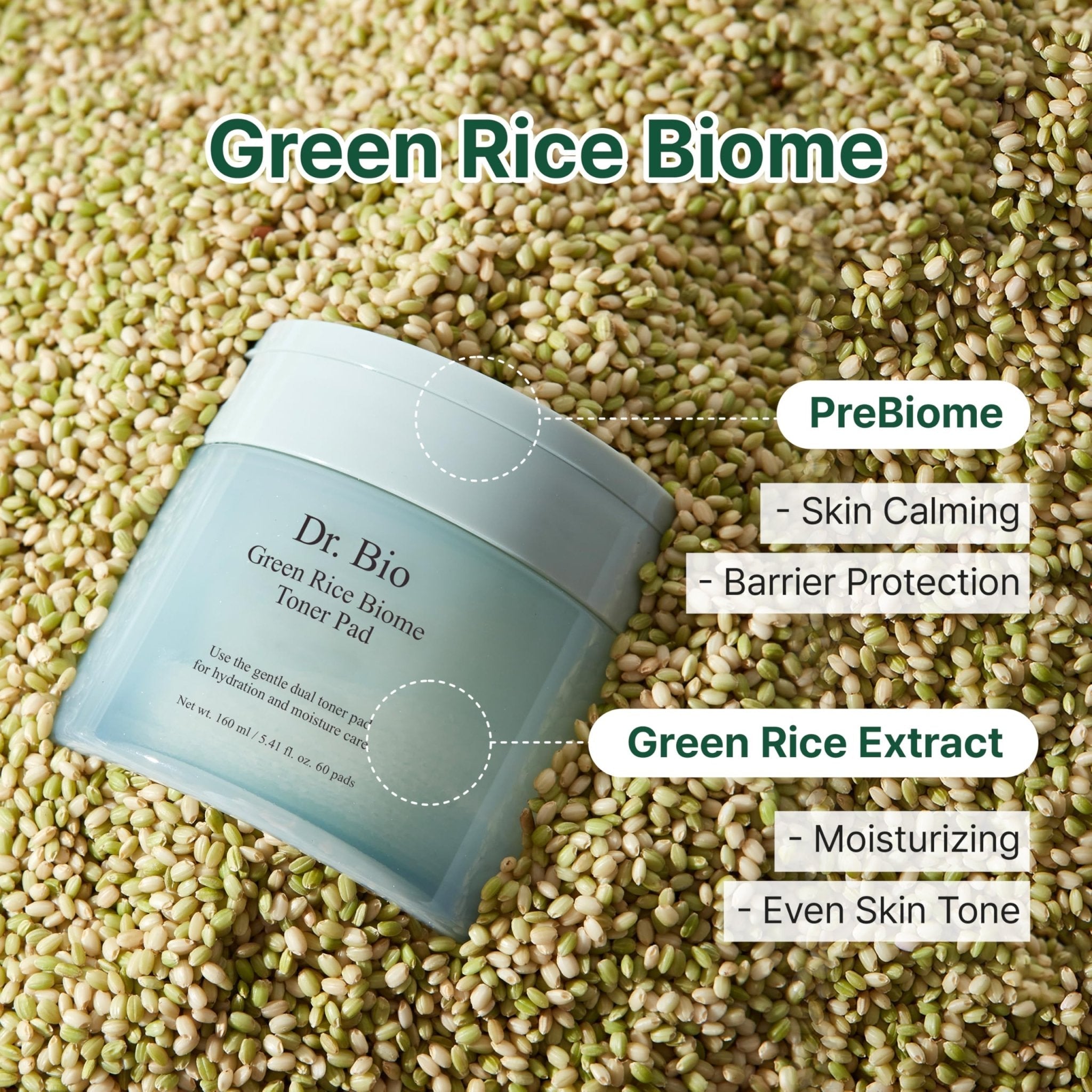 Dr.Bio Green Rice Biome Toner Pad (5.54oz/60 Pads) with Probiotic, Exfoliating, Remove Blackheads & Whiteheads, Radiant Skin, Dual-Sided Pad for Sensitive Skin, Fragrance-Free, Vegan Korean Skincare - Maple Wellness Supplements