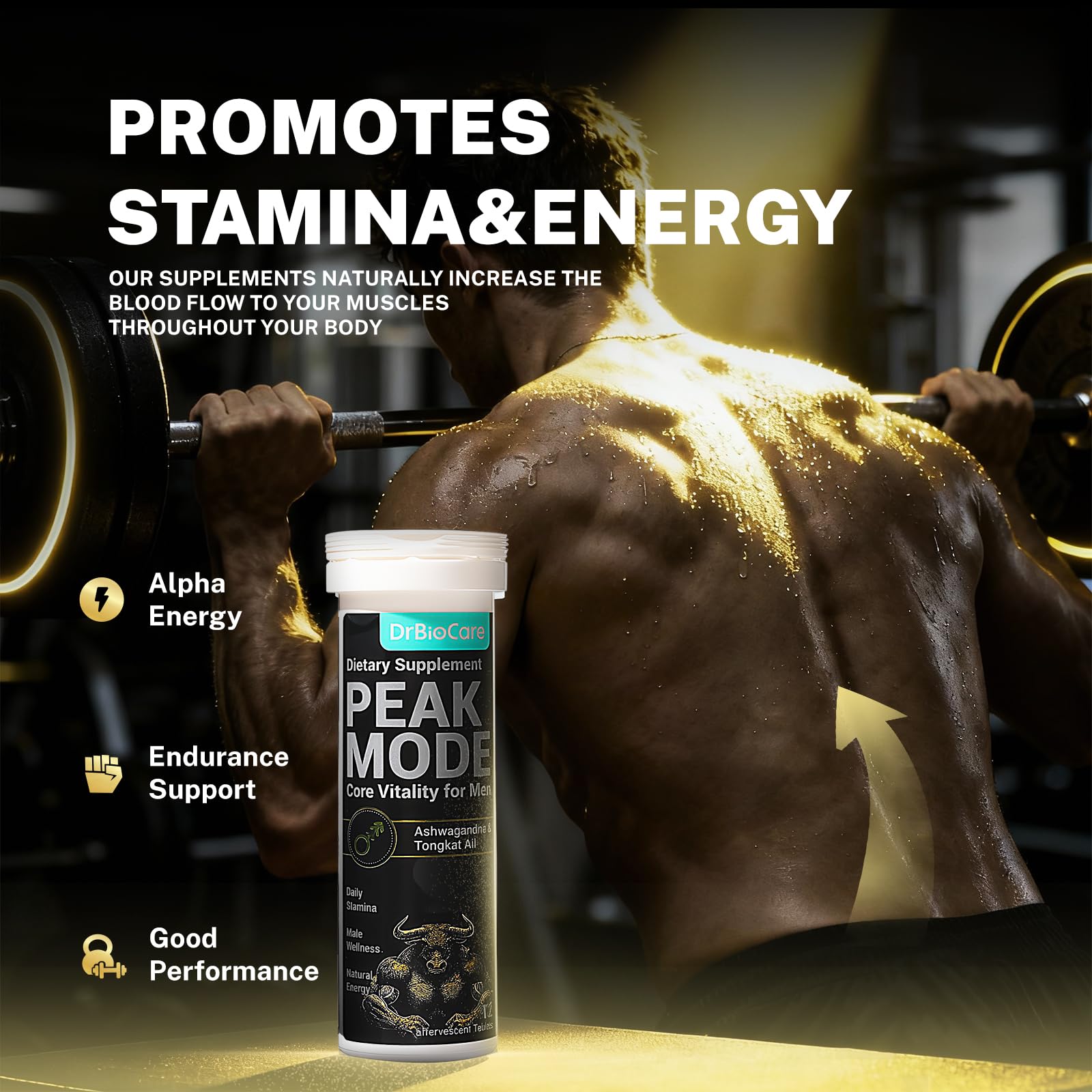 DrBioCare Peak Mode Core Vitality for Men 7-in-1 Effervescent Tablets | Tongkat Ali, Maca & L-Arginine，Ashwagandha, | Boost Stamina, Drive & Blood Flow for Good Performance | Berry Flavor 24 Tablets - TrustMedUSA