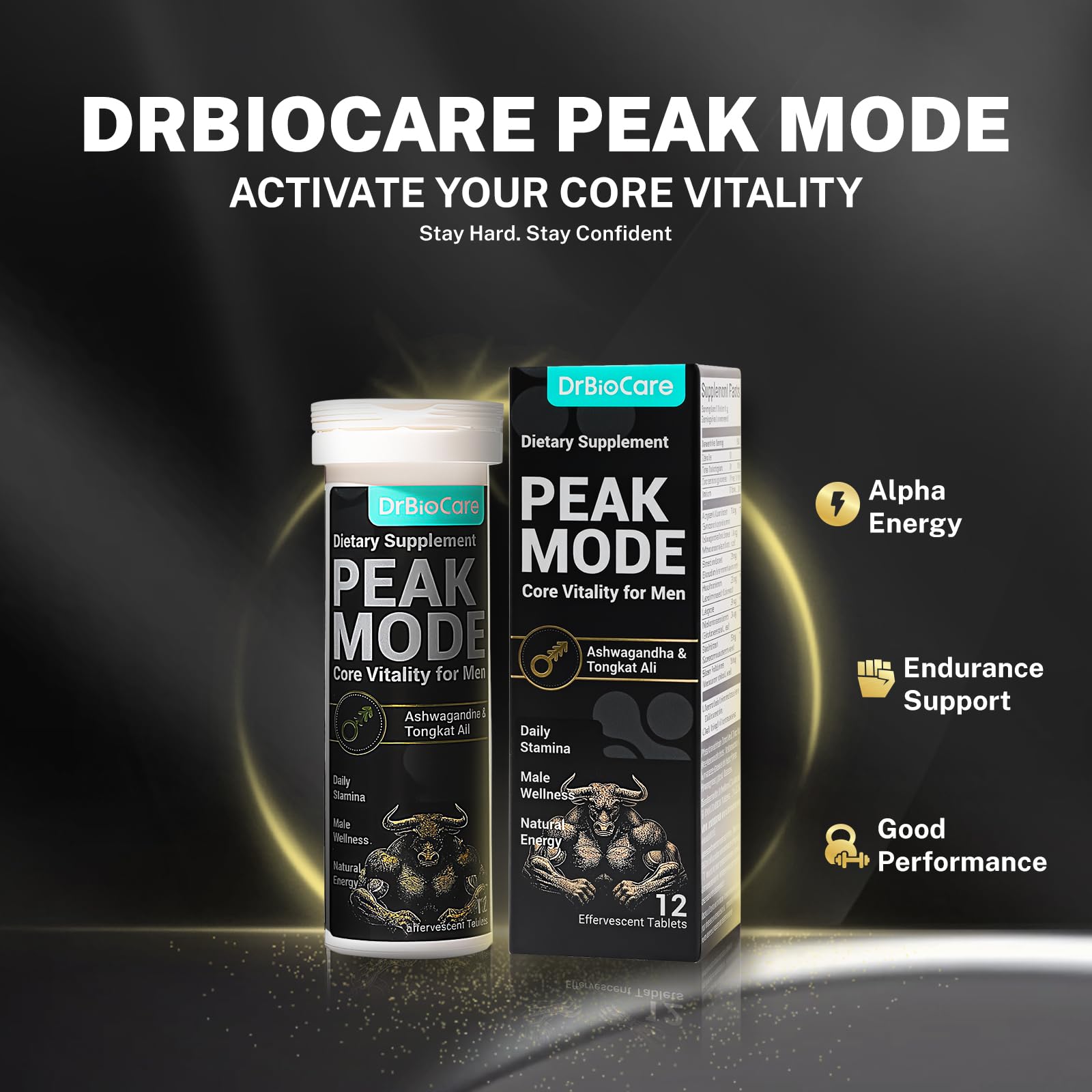 DrBioCare Peak Mode Core Vitality for Men 7-in-1 Effervescent Tablets | Tongkat Ali, Maca & L-Arginine，Ashwagandha, | Boost Stamina, Drive & Blood Flow for Good Performance | Berry Flavor 12 Tablets - TrustMedUSA