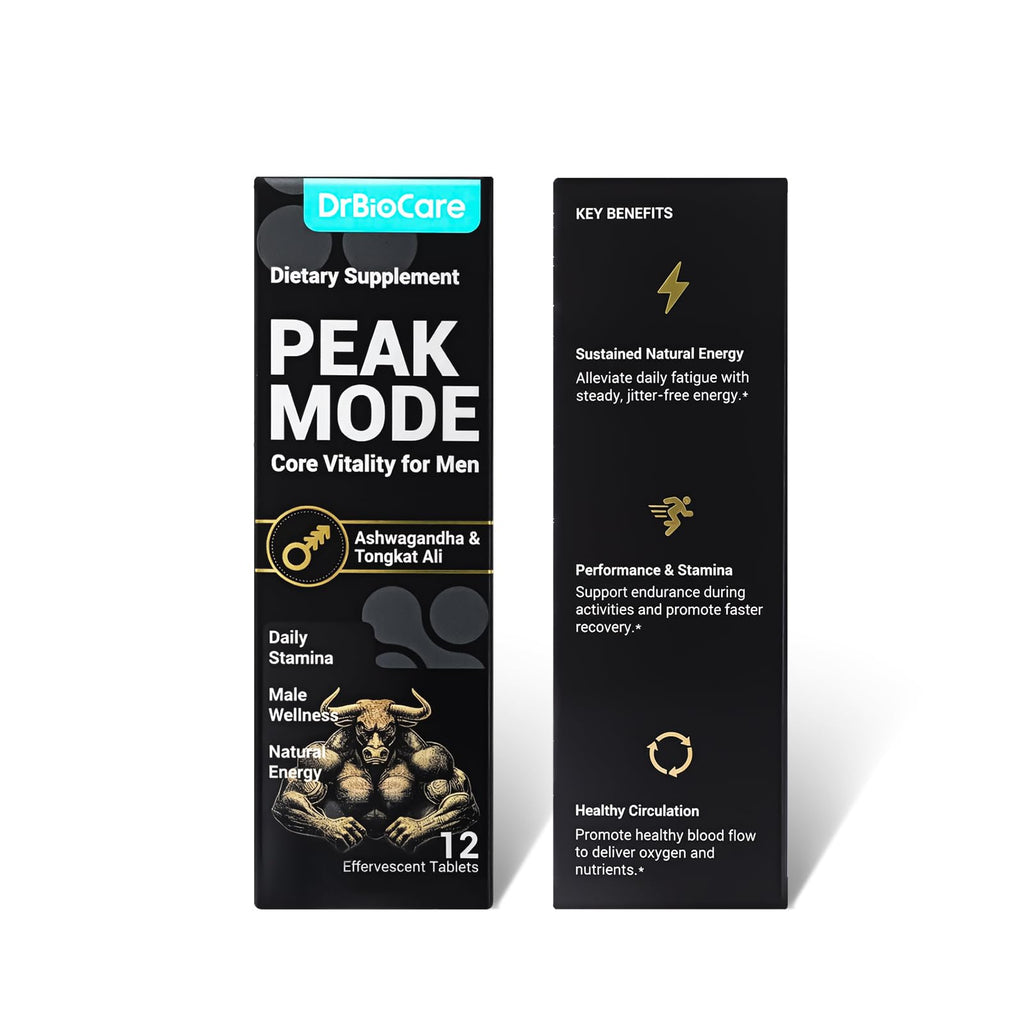 DrBioCare Peak Mode Core Vitality for Men 7-in-1 Effervescent Tablets | Tongkat Ali, Maca & L-Arginine，Ashwagandha, | Boost Stamina, Drive & Blood Flow for Good Performance | Berry Flavor 12 Tablets - TrustMedUSA