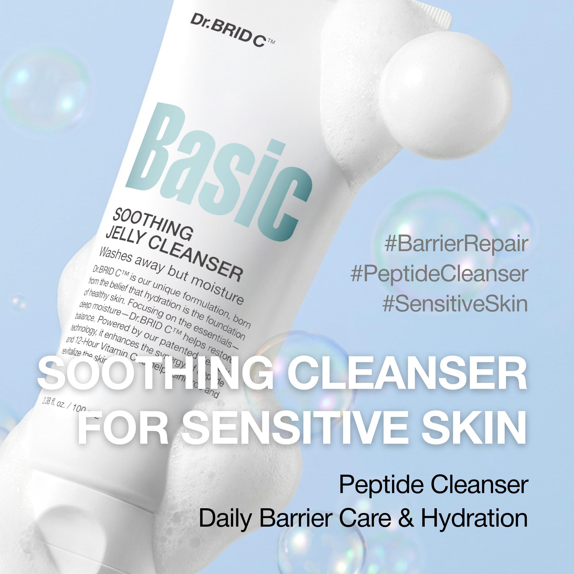 Dr.BRID C Soothing Jelly Cleanser - Amino Acid Face Wash with Peptides & Protease, Low-pH Pore Purifying & Texture Smoothing Facial Cleanser for Sensitive Skin, Fragrance-Free, 3.38 fl.oz. - Maple Wellness Supplements