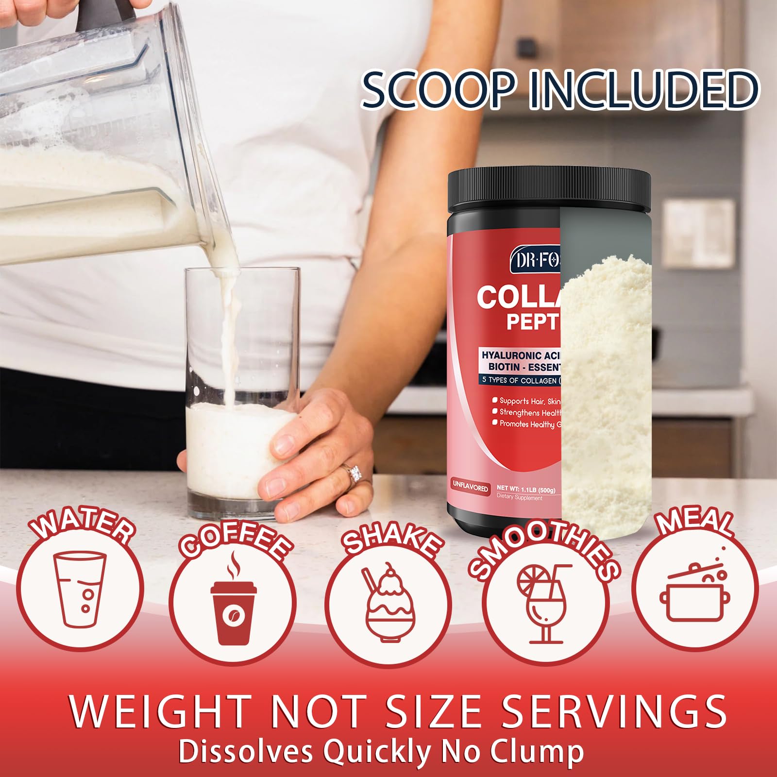DRFOSTER Multi-Collagen-Peptide-Powder with Probiotics, 50 Servings of Hydrolyzed Collagen Peptides with Hyaluronic Acid, Biotin & Multivitamins - Supports Skin, Hair, Nails Health - Maple Wellness Supplements
