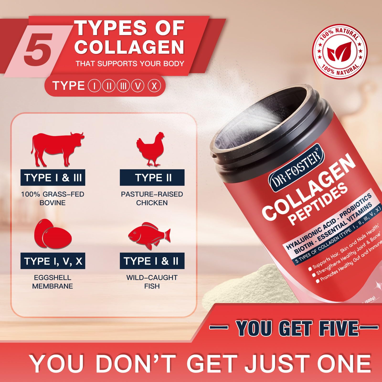 DRFOSTER Multi-Collagen-Peptide-Powder with Probiotics, 50 Servings of Hydrolyzed Collagen Peptides with Hyaluronic Acid, Biotin & Multivitamins - Supports Skin, Hair, Nails Health - Maple Wellness Supplements