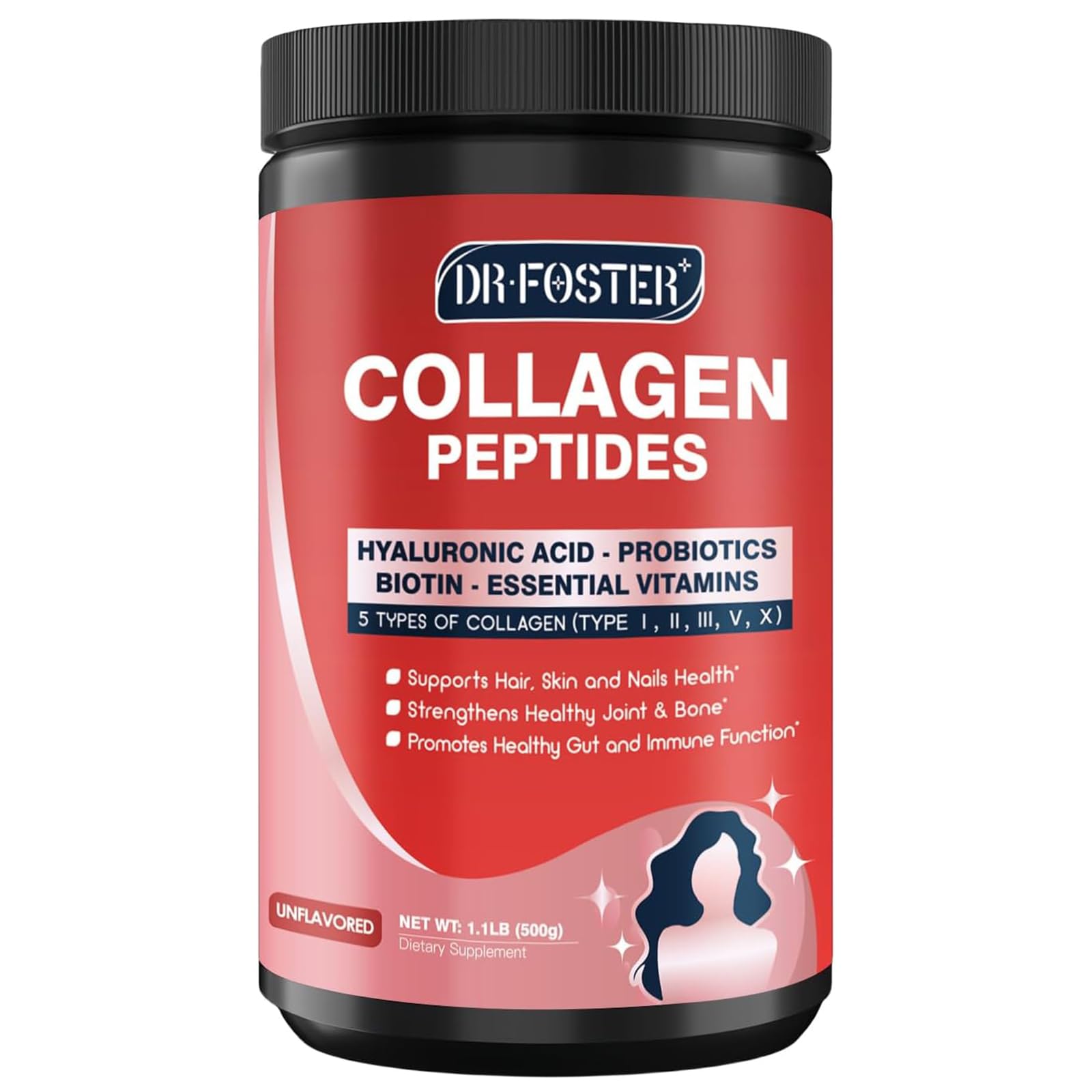 DRFOSTER Multi-Collagen-Peptide-Powder with Probiotics, 50 Servings of Hydrolyzed Collagen Peptides with Hyaluronic Acid, Biotin & Multivitamins - Supports Skin, Hair, Nails Health - Maple Wellness Supplements