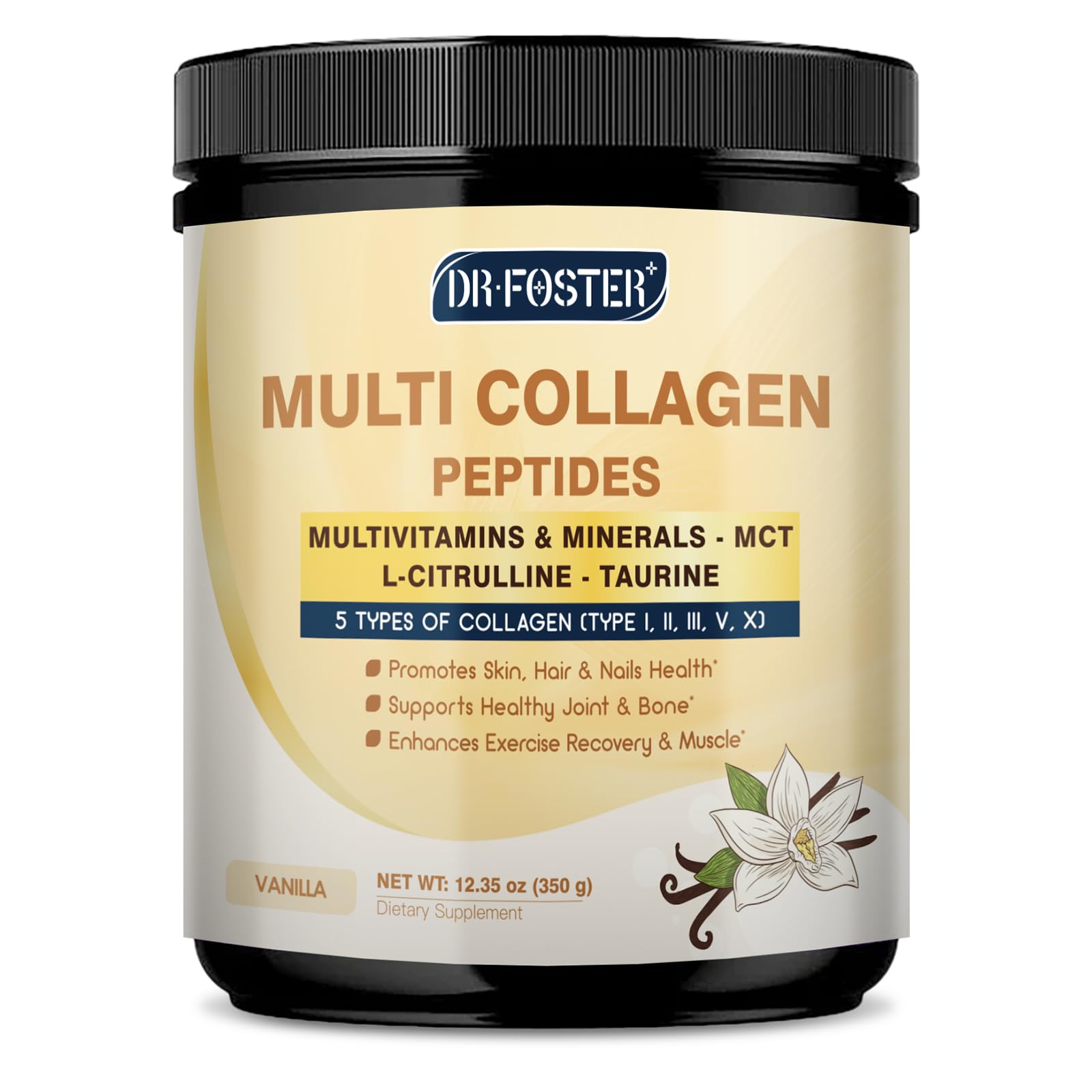 DRFOSTER Vanilla Collagen Peptides Powder for Women & Men, Multi Type I II III V X Collagen with multivitamins & Minerals for Skin, Hair & Nails & Joints, Non-GMO, 35 Servings - Maple Wellness Supplements