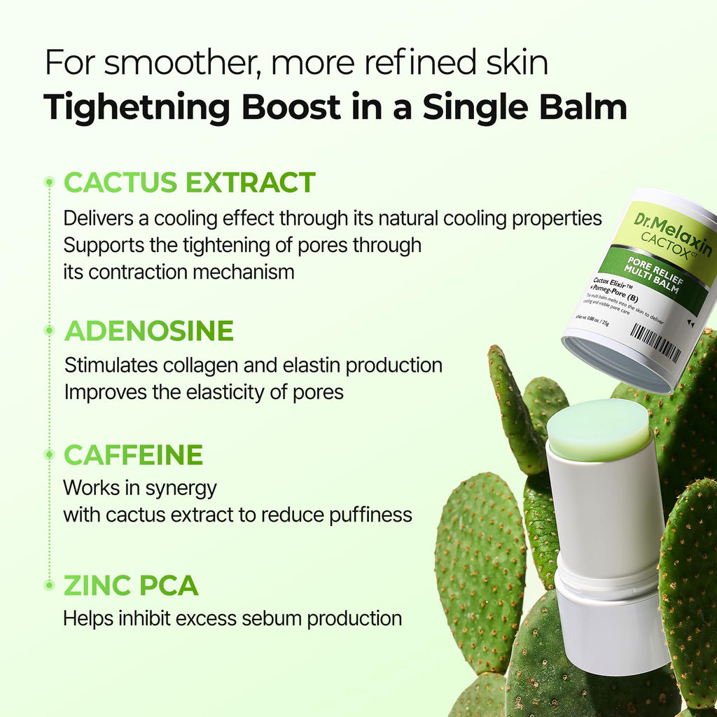 Dr.Melaxin Cactox Pore Relief Multi Balm Stick – Zinc PCA & ADENOSINE Cooling & De-Puffing Face Balm for Enlarged Pores & Puffy Skin, Pore Minimizing with Cactus Extract, Korean Skincare, 0.88 oz - Maple Wellness Supplements