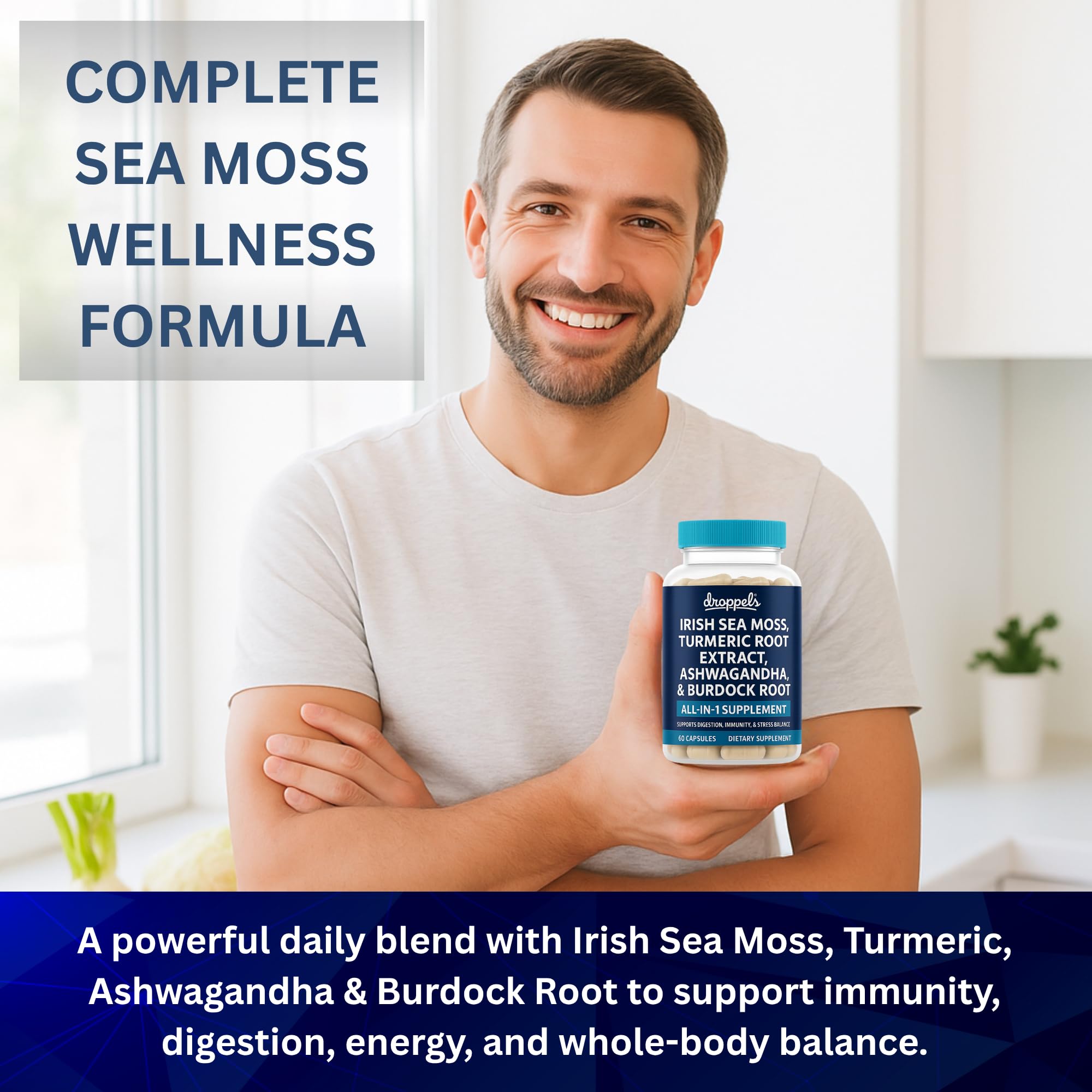 Droppels Irish Sea Moss Capsules with Turmeric Root, Ashwagandha, Black Pepper & Burdock Root – Natural Mineral Blend for Immune, Digestion, Joint & Energy Support – Vegan, Non-GMO – 60 Capsules - TrustMedUSA