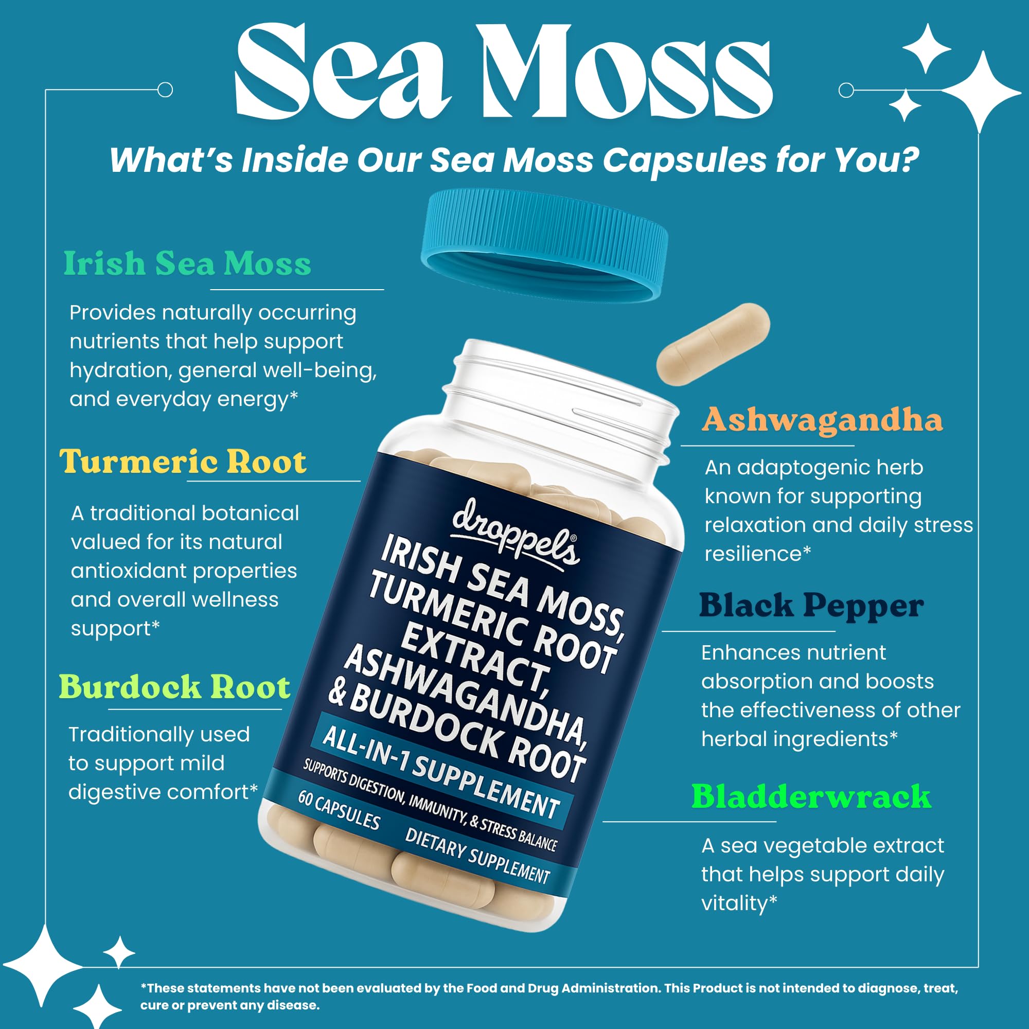 Droppels Irish Sea Moss Capsules with Turmeric Root, Ashwagandha, Black Pepper & Burdock Root – Natural Mineral Blend for Immune, Digestion, Joint & Energy Support – Vegan, Non-GMO – 60 Capsules - TrustMedUSA