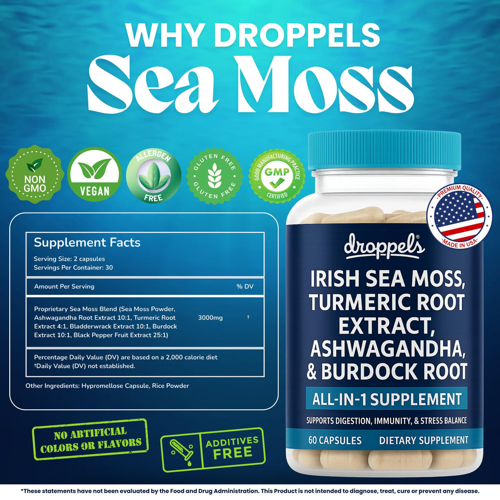 Droppels Irish Sea Moss Capsules with Turmeric Root, Ashwagandha, Black Pepper & Burdock Root – Natural Mineral Blend for Immune, Digestion, Joint & Energy Support – Vegan, Non-GMO – 60 Capsules - TrustMedUSA