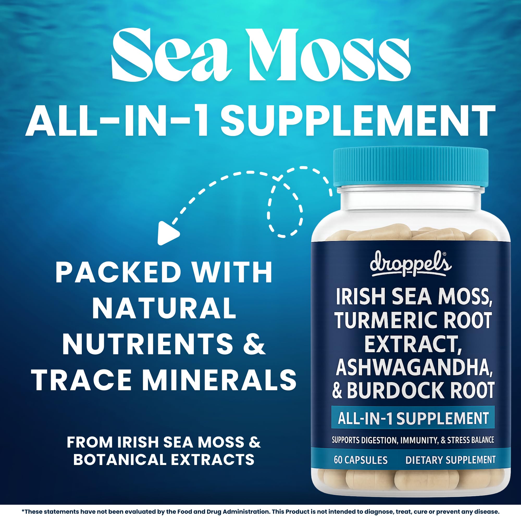Droppels Irish Sea Moss Capsules with Turmeric Root, Ashwagandha, Black Pepper & Burdock Root – Natural Mineral Blend for Immune, Digestion, Joint & Energy Support – Vegan, Non-GMO – 60 Capsules - TrustMedUSA