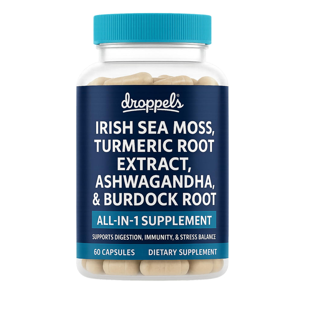 Droppels Irish Sea Moss Capsules with Turmeric Root, Ashwagandha, Black Pepper & Burdock Root – Natural Mineral Blend for Immune, Digestion, Joint & Energy Support – Vegan, Non-GMO – 60 Capsules - TrustMedUSA