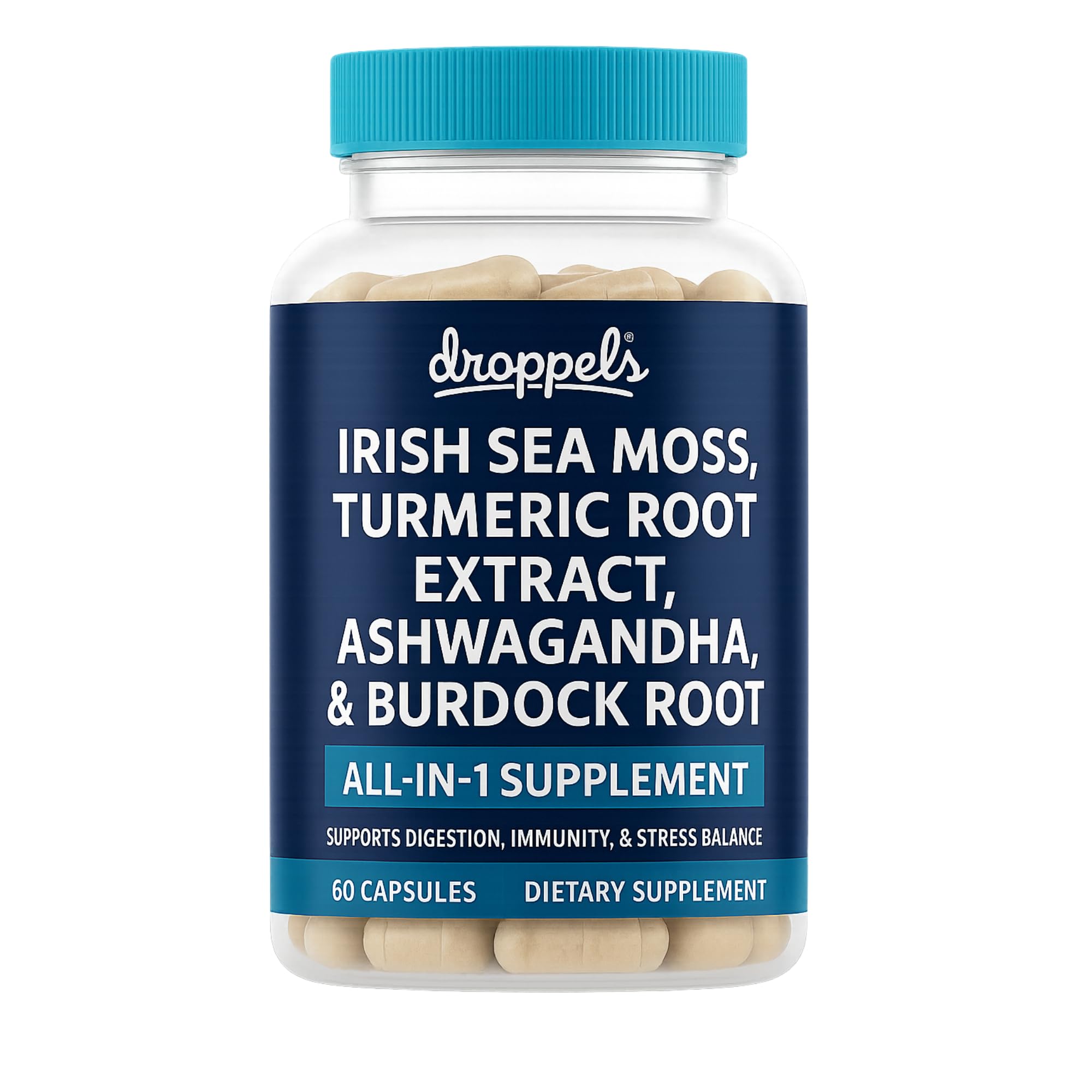 Droppels Irish Sea Moss Capsules with Turmeric Root, Ashwagandha, Black Pepper & Burdock Root – Natural Mineral Blend for Immune, Digestion, Joint & Energy Support – Vegan, Non-GMO – 60 Capsules - TrustMedUSA