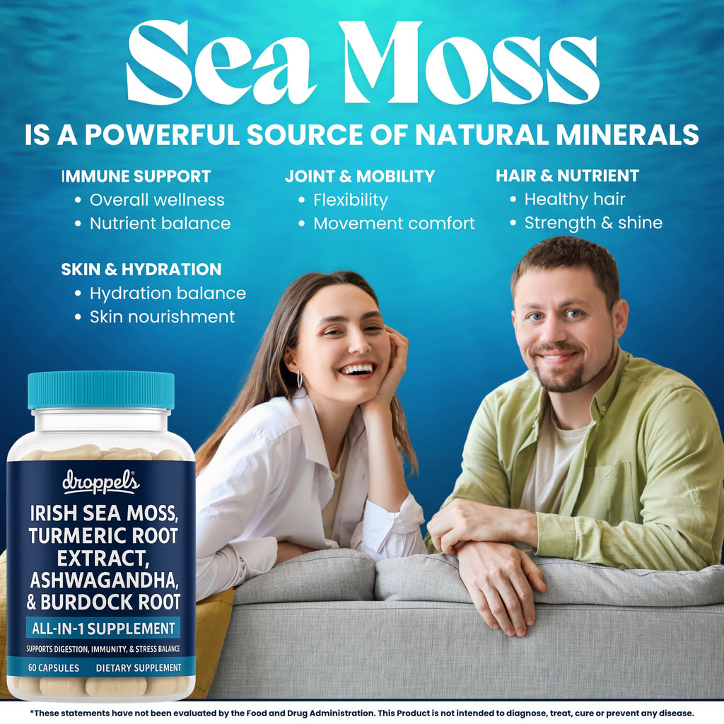 Droppels Irish Sea Moss Capsules with Turmeric Root, Ashwagandha, Black Pepper & Burdock Root – Natural Mineral Blend for Immune, Digestion, Joint & Energy Support – Vegan, Non-GMO – 60 Capsules - TrustMedUSA