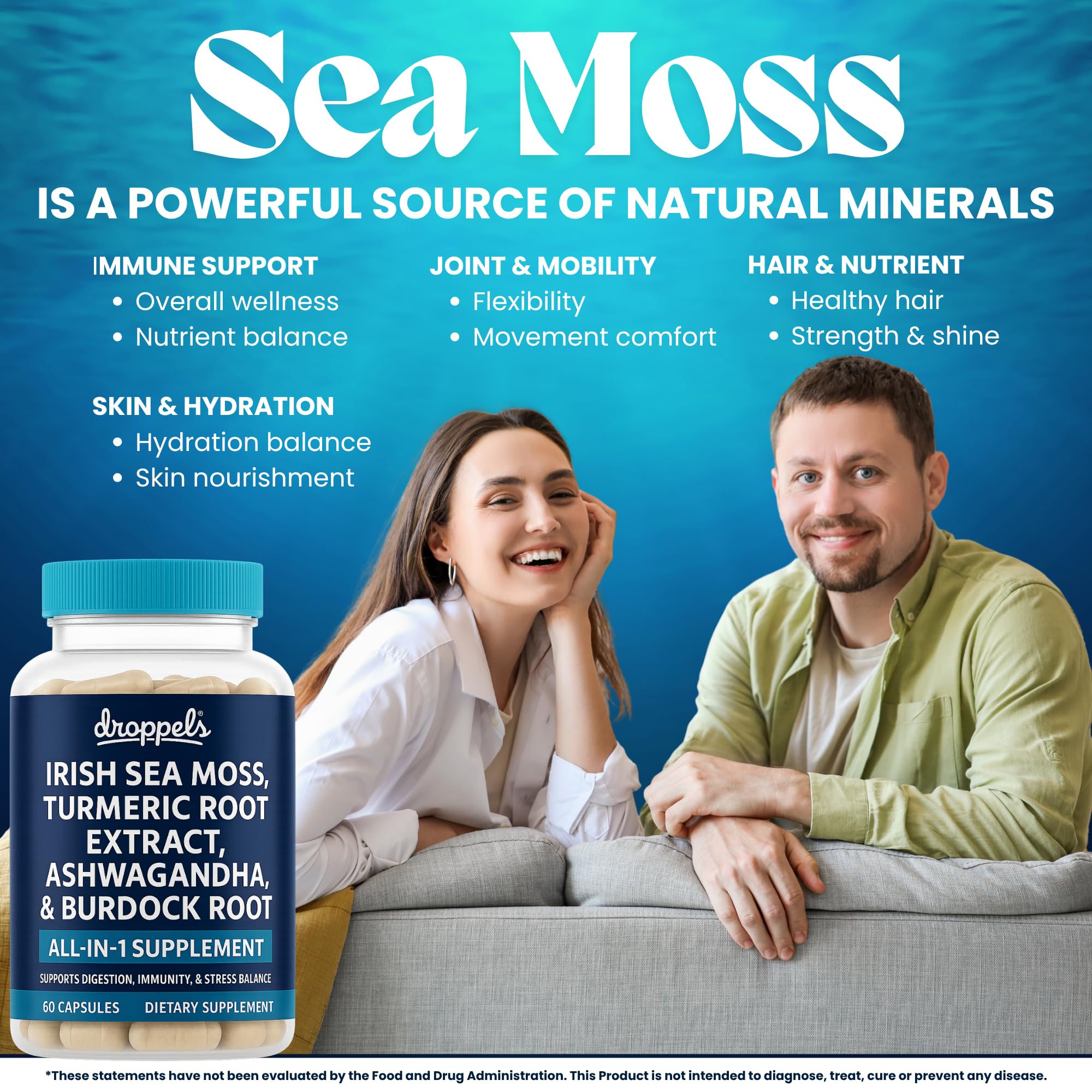 Droppels Irish Sea Moss Capsules with Turmeric Root, Ashwagandha, Black Pepper & Burdock Root – Natural Mineral Blend for Immune, Digestion, Joint & Energy Support – Vegan, Non-GMO – 60 Capsules - TrustMedUSA