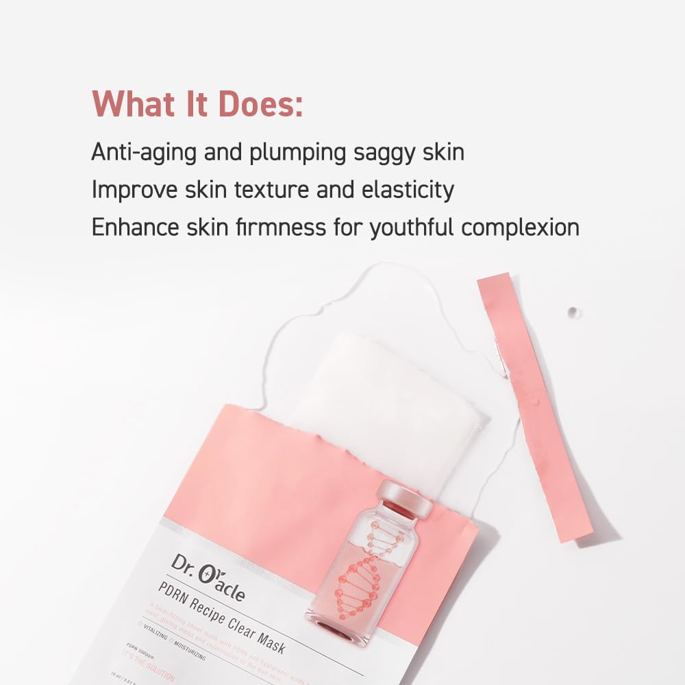 DR.ORACLE PDRN Recipe Clear Mask, Skin-fitting sheet mask PDRN, hyaluronic acid, special self care, moist, rejuvenation, vitalizing, 500ppm, 180ml (6,1 fl. oz.), 1 box - 10 sheets - Maple Wellness Supplements