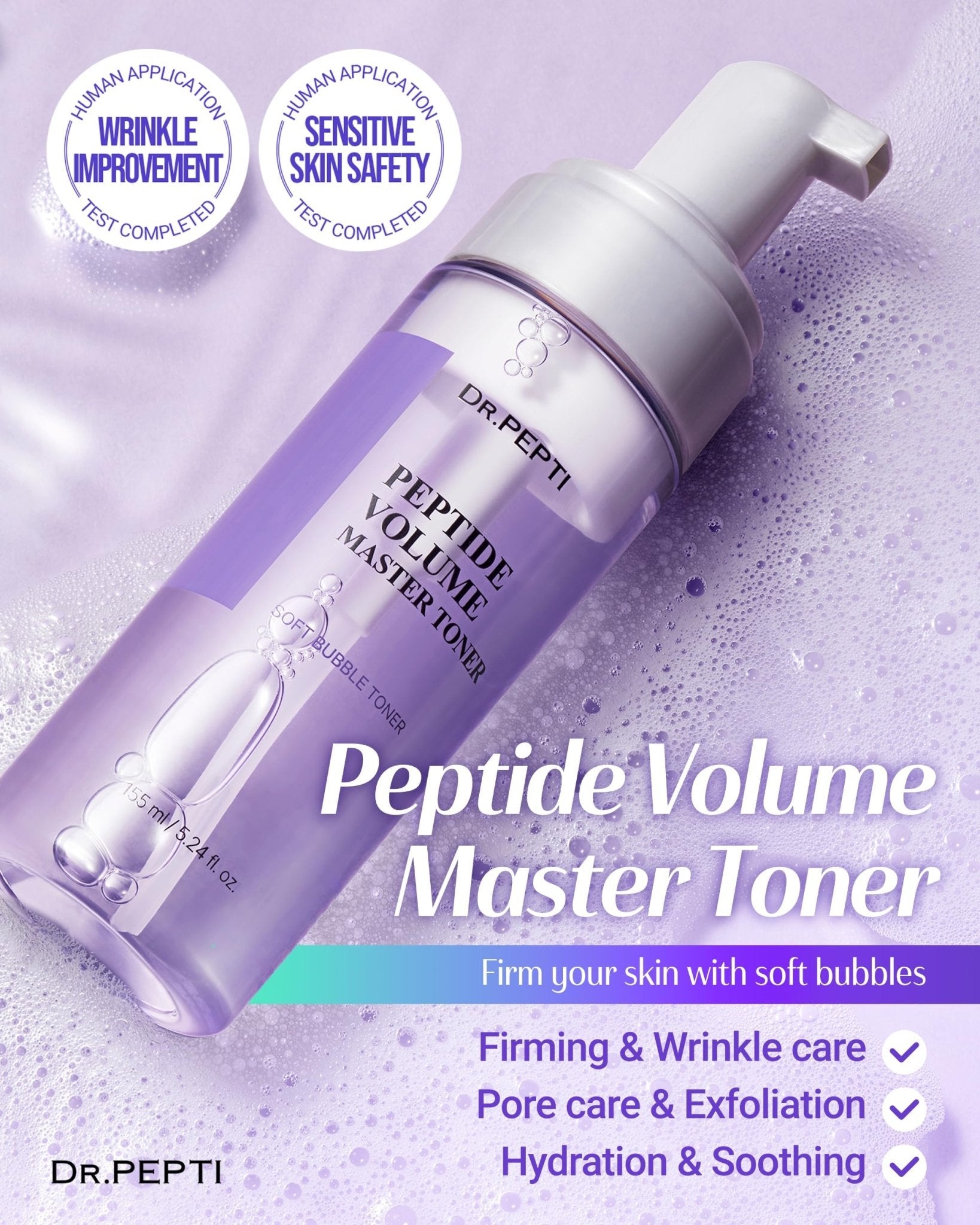 DR.PEPTI Peptide Volume Toner – 12 Peptides, Volufiline™ & 54% Centella Base – No-Drip Bubble Treatment Toner, Firming & Plumping with 8-Type Hyaluronic Acid & Collagen, 5.24 fl oz - Maple Wellness Supplements