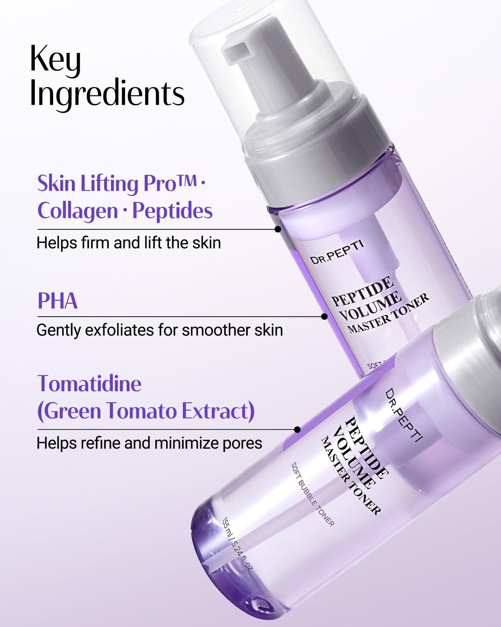 DR.PEPTI Peptide Volume Toner – 12 Peptides, Volufiline™ & 54% Centella Base – No-Drip Bubble Treatment Toner, Firming & Plumping with 8-Type Hyaluronic Acid & Collagen, 5.24 fl oz - Maple Wellness Supplements