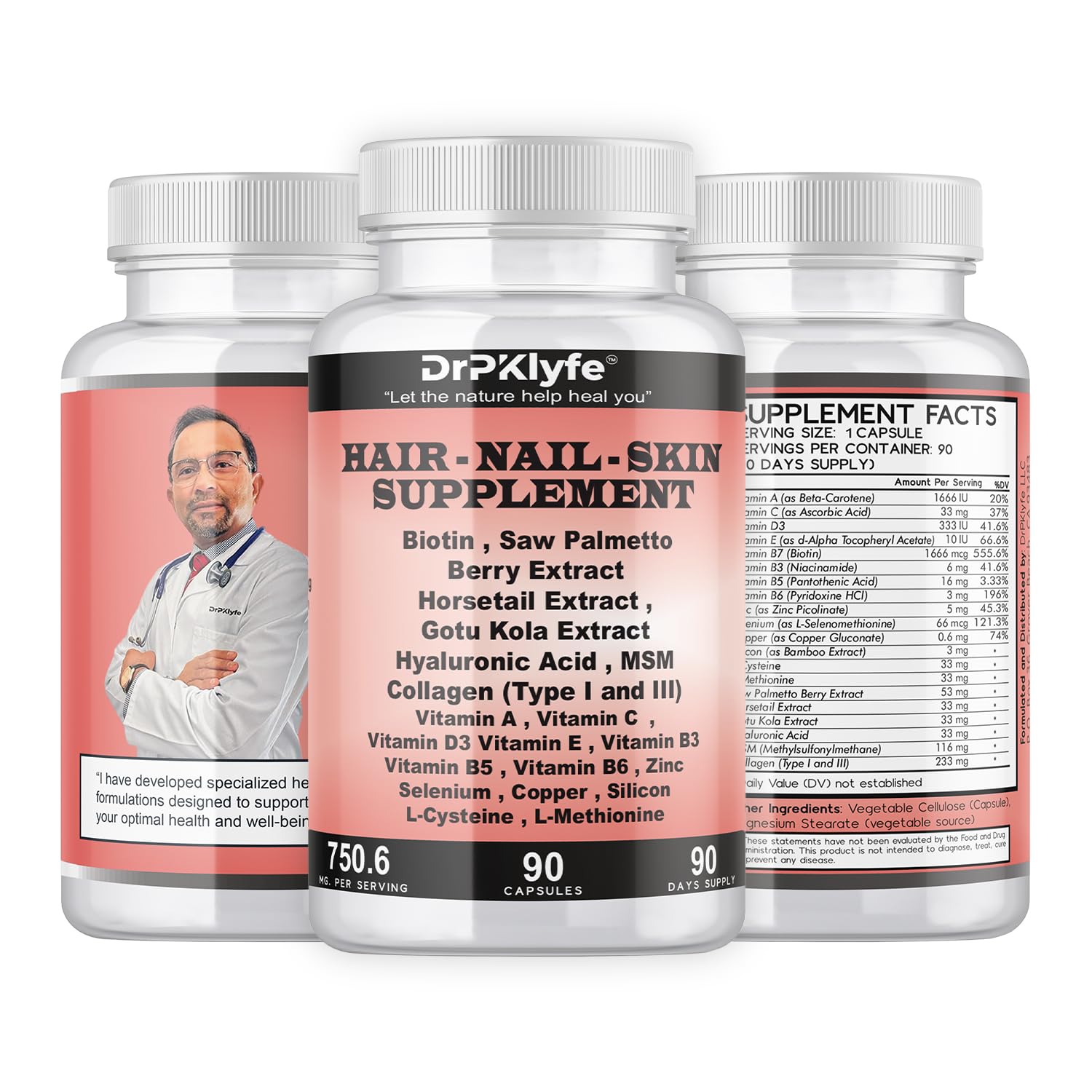 DrPKLyfe Hair, Nail and Skin Supplement Capsules:Biotin, Collagen, Collagen Peptides, Acid Hyaluronic, Biotin, Vitamin A, C, B5, B6 Saw Palmetto & More - 90 Capsules. - TrustMedUSA