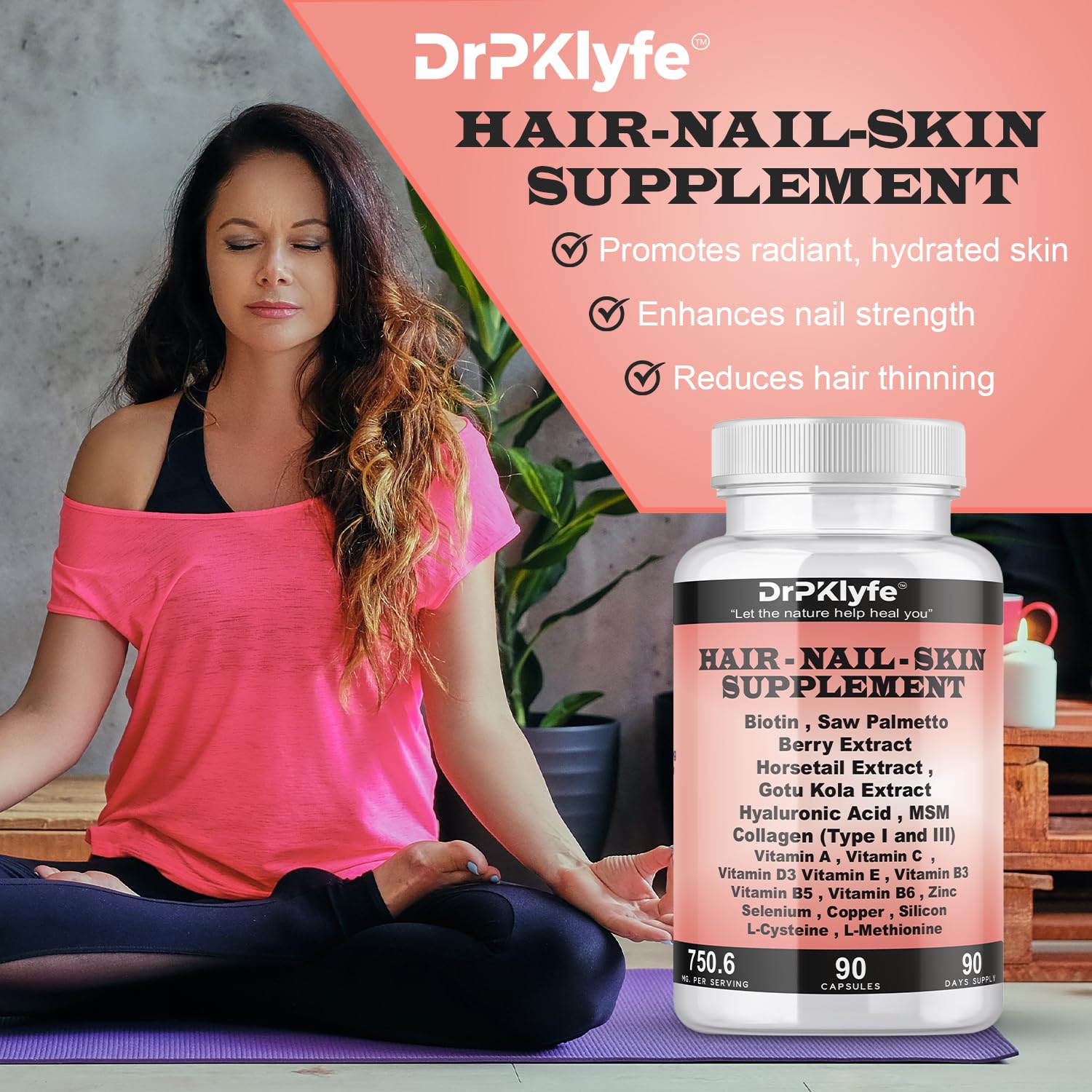 DrPKLyfe Hair, Nail and Skin Supplement Capsules:Biotin, Collagen, Collagen Peptides, Acid Hyaluronic, Biotin, Vitamin A, C, B5, B6 Saw Palmetto & More - 90 Capsules. - TrustMedUSA