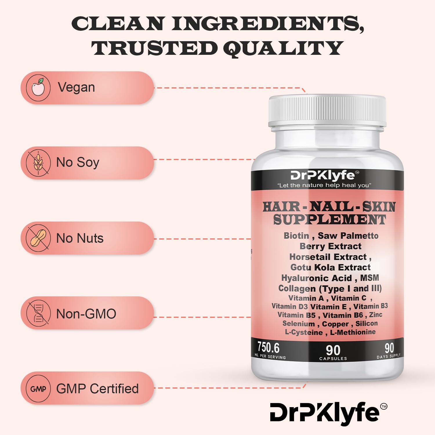 DrPKLyfe Hair, Nail and Skin Supplement Capsules:Biotin, Collagen, Collagen Peptides, Acid Hyaluronic, Biotin, Vitamin A, C, B5, B6 Saw Palmetto & More - 90 Capsules. - TrustMedUSA