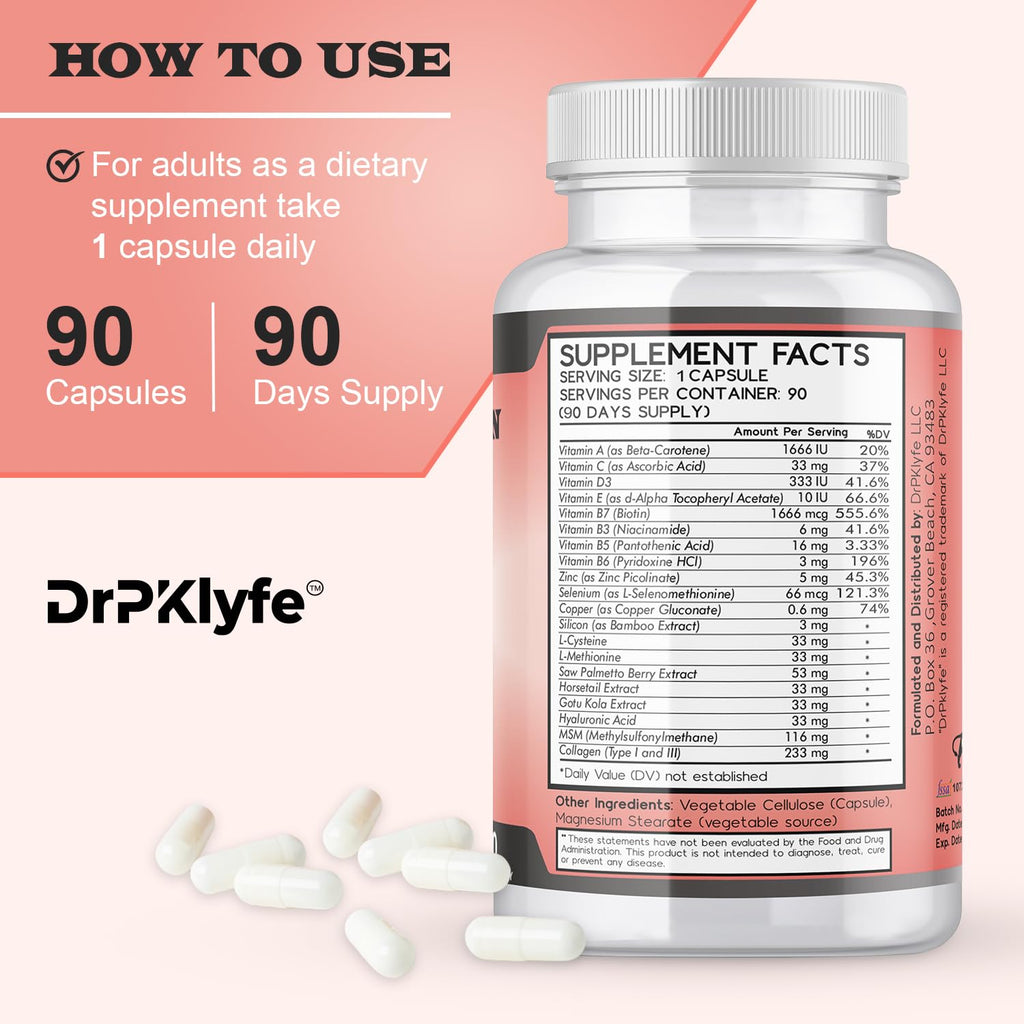 DrPKLyfe Hair, Nail and Skin Supplement Capsules:Biotin, Collagen, Collagen Peptides, Acid Hyaluronic, Biotin, Vitamin A, C, B5, B6 Saw Palmetto & More - 90 Capsules. - TrustMedUSA