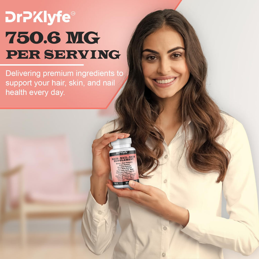 DrPKLyfe Hair, Nail and Skin Supplement Capsules:Biotin, Collagen, Collagen Peptides, Acid Hyaluronic, Biotin, Vitamin A, C, B5, B6 Saw Palmetto & More - 90 Capsules. - TrustMedUSA
