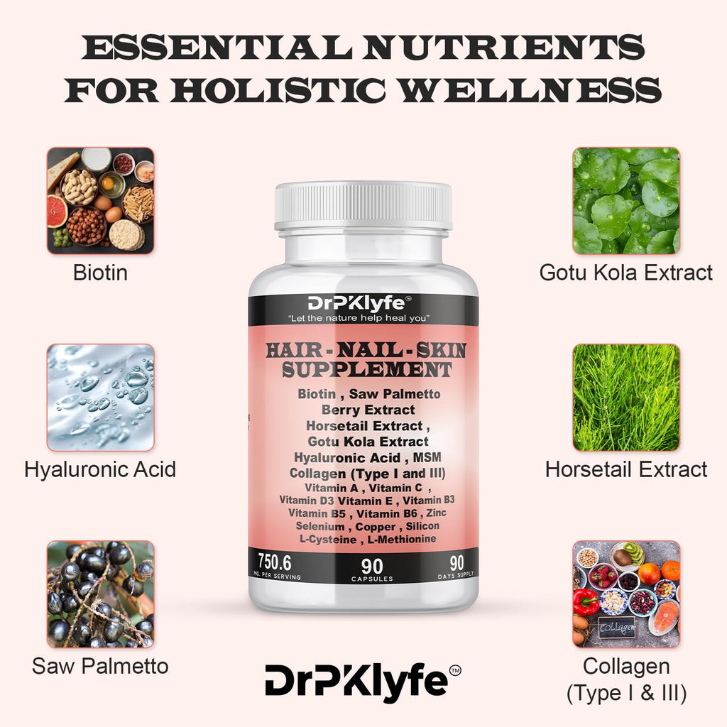 DrPKLyfe Hair, Nail and Skin Supplement Capsules:Biotin, Collagen, Collagen Peptides, Acid Hyaluronic, Biotin, Vitamin A, C, B5, B6 Saw Palmetto & More - 90 Capsules. - TrustMedUSA