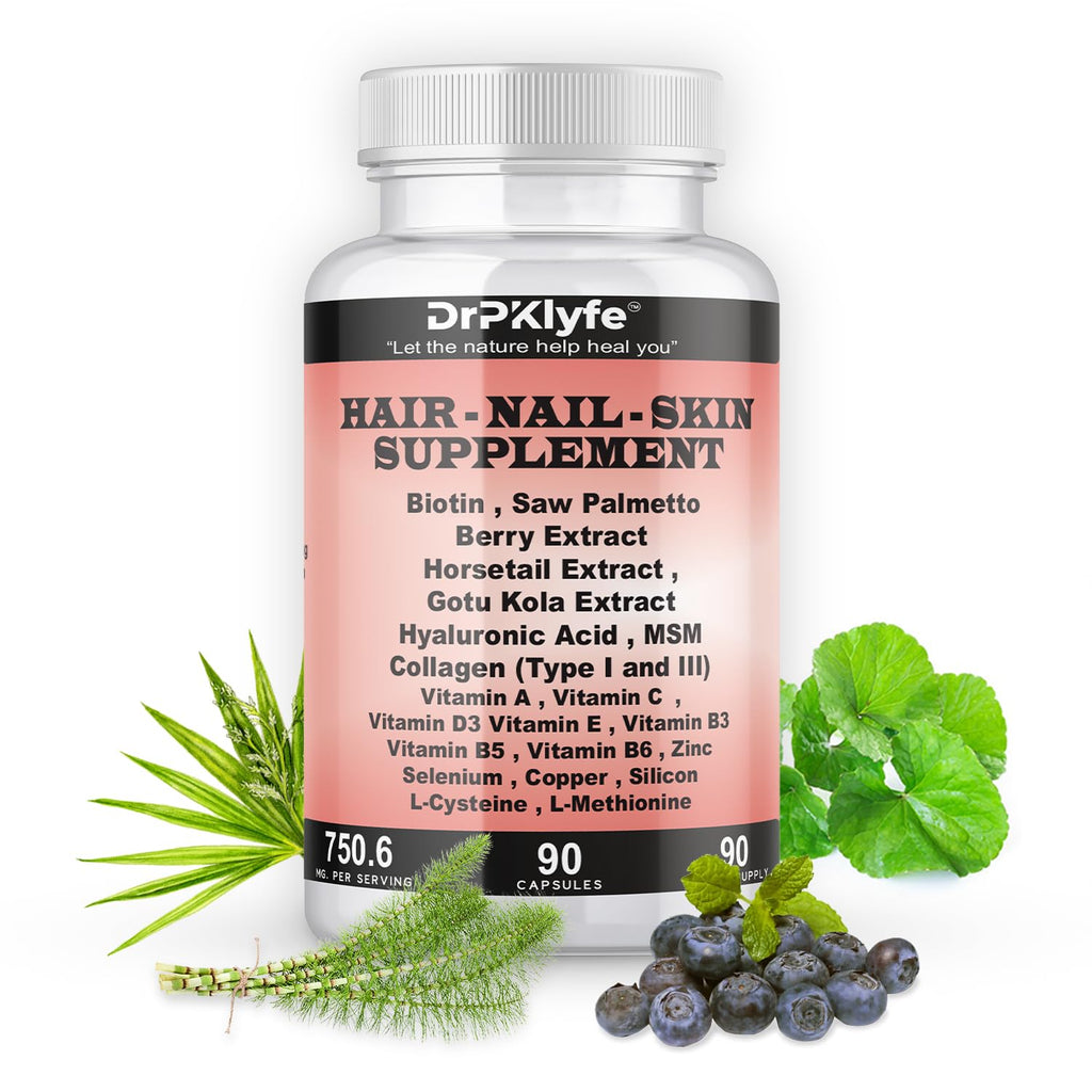 DrPKLyfe Hair, Nail and Skin Supplement Capsules:Biotin, Collagen, Collagen Peptides, Acid Hyaluronic, Biotin, Vitamin A, C, B5, B6 Saw Palmetto & More - 90 Capsules. - TrustMedUSA