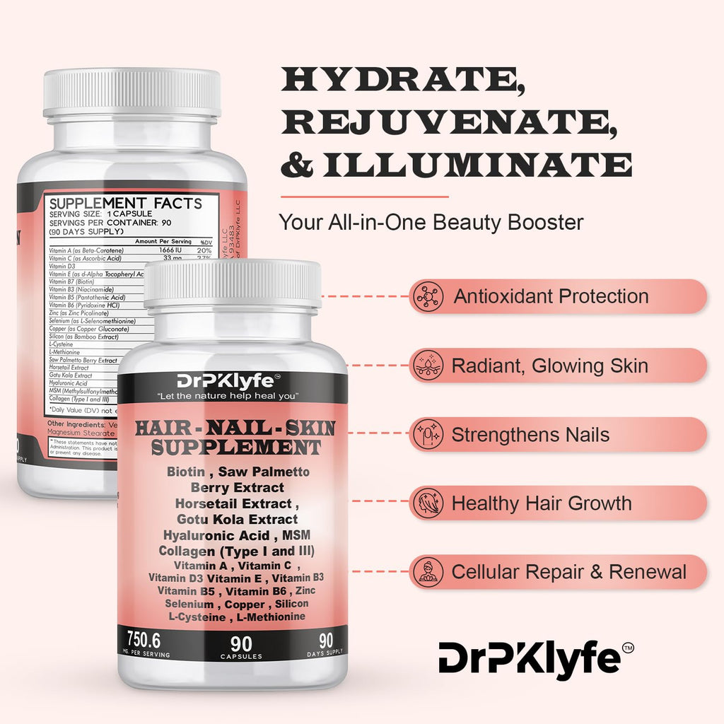 DrPKLyfe Hair, Nail and Skin Supplement Capsules:Biotin, Collagen, Collagen Peptides, Acid Hyaluronic, Biotin, Vitamin A, C, B5, B6 Saw Palmetto & More - 90 Capsules. - TrustMedUSA