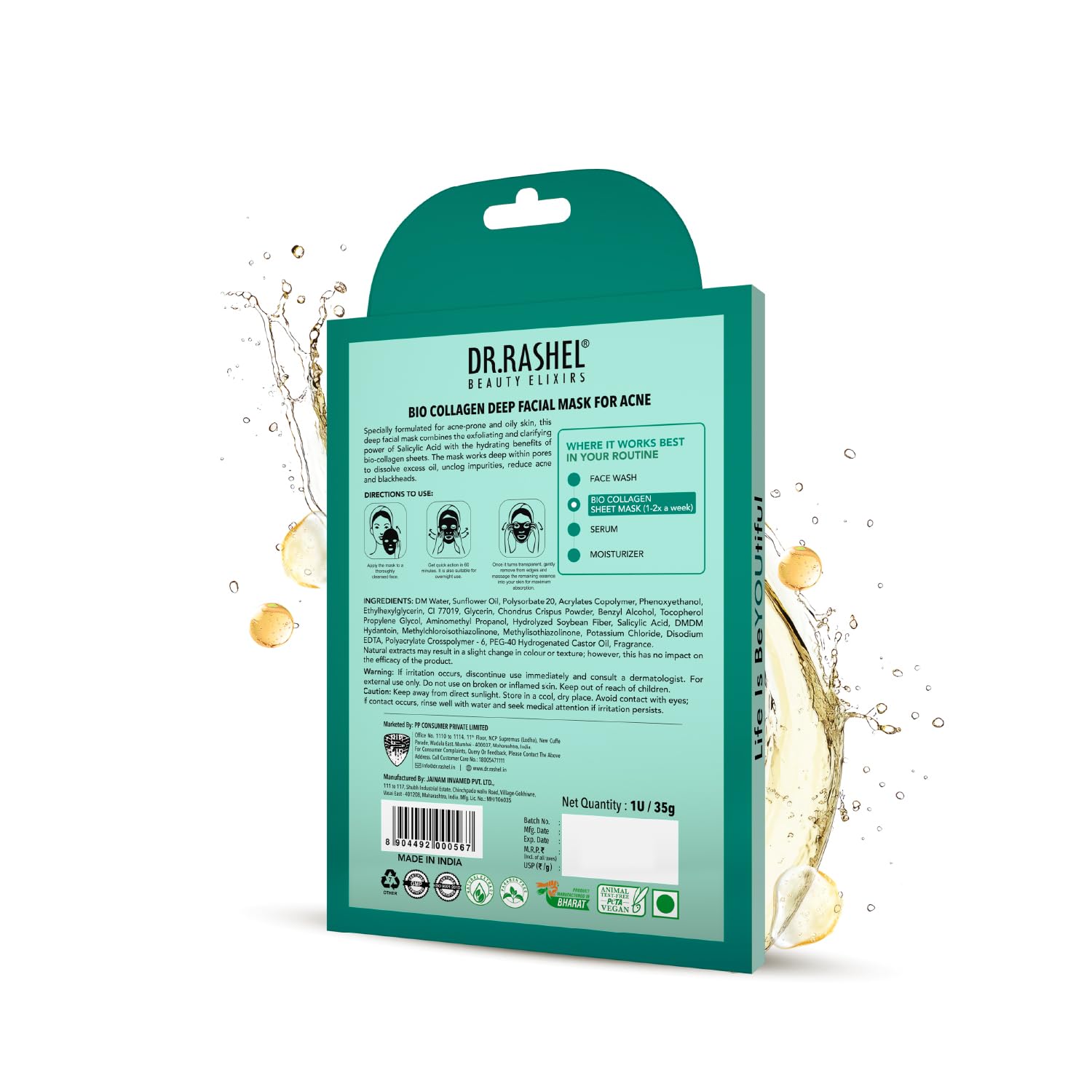 DR.RASHEL 100% Vegan Bio Collagen Deep Facial Mask Pro Boost Series | Acne Treatment & Oil Control | Quick Action 60 Minutes | 35 g / 1.23 oz - Maple Wellness Supplements