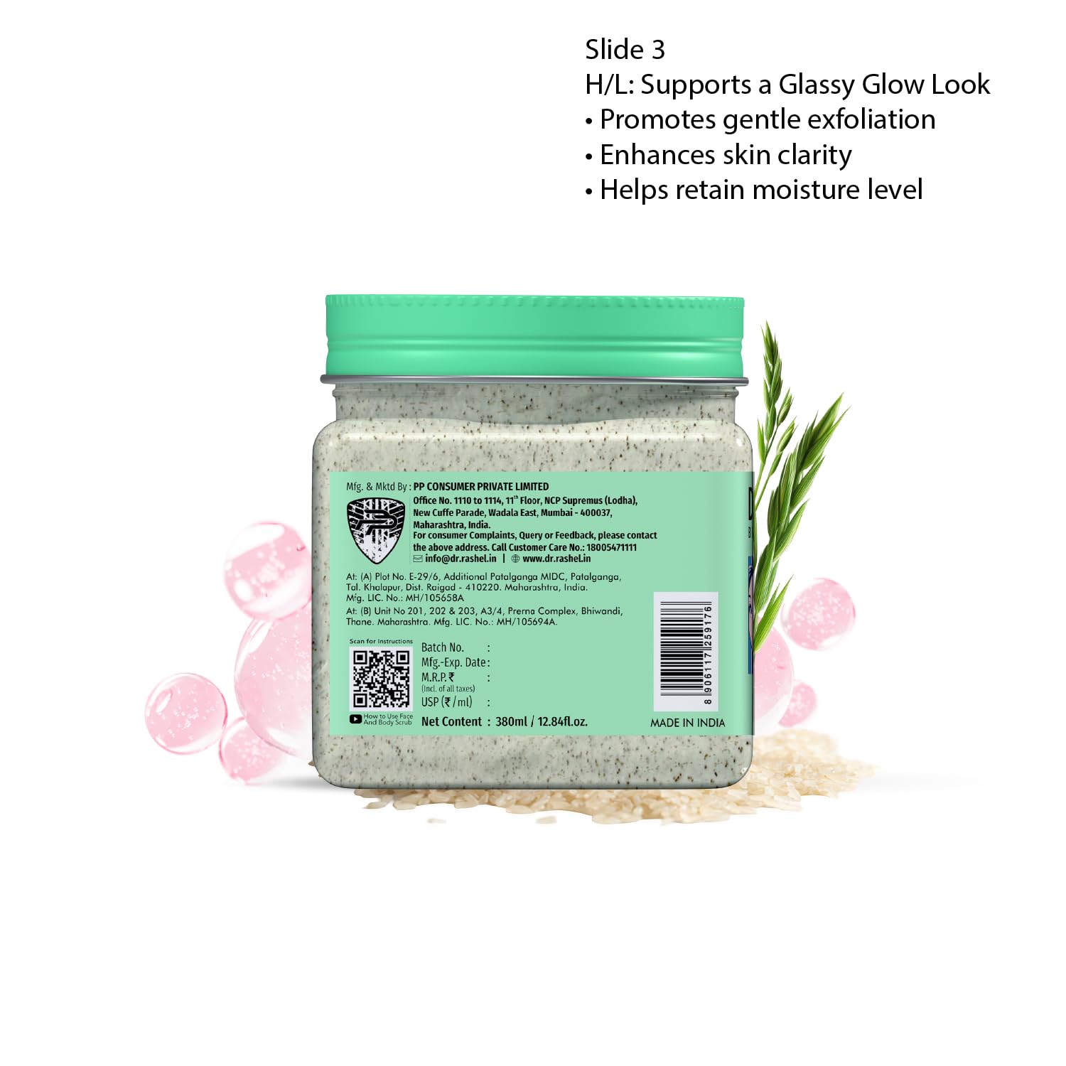 DR.RASHEL Korean Face & Body Scrub 12.84 Fl Oz With Rice Water & Ceramide For Glass skin Exfoliating Face Wash with Natural Extracts for Tan Removal, Blackhead Remover & Oil Control Cleanser - 380ml - Maple Wellness Supplements