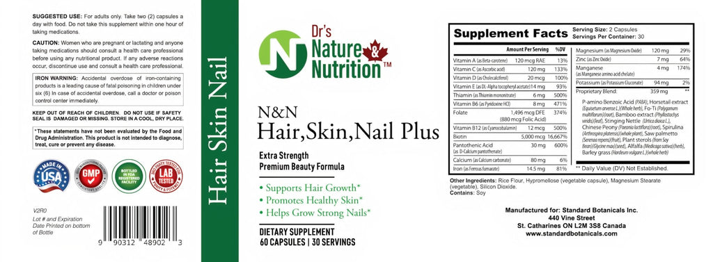 Dr's Nature & Nutrition Hair, Skin & Nail Plus Vitamin Supplement with Biotin 5000mcg, Bamboo Extract, Collagen Support - Extra Strength Beauty Supplement for Men and Women - 60 Capsules - TrustMedUSA