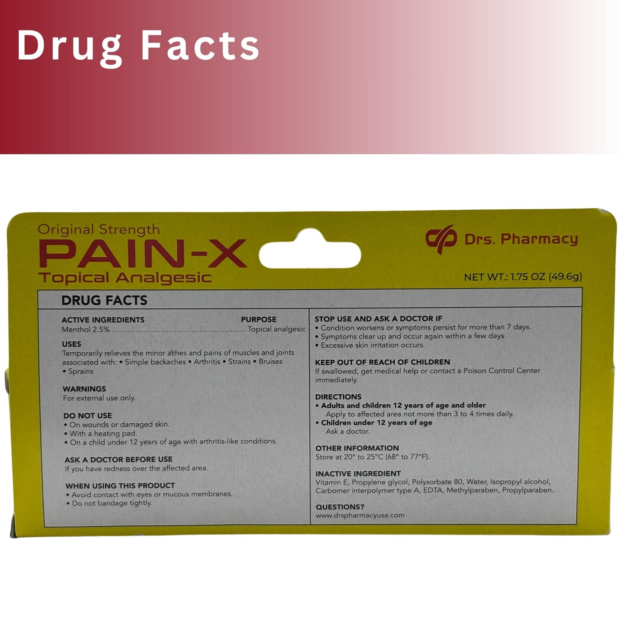 Drs. Pharmacy Pain-X Menthol Cream – Targeted Muscle & Joint Relief – 1.75 oz, Made in USA - TrustMedUSA