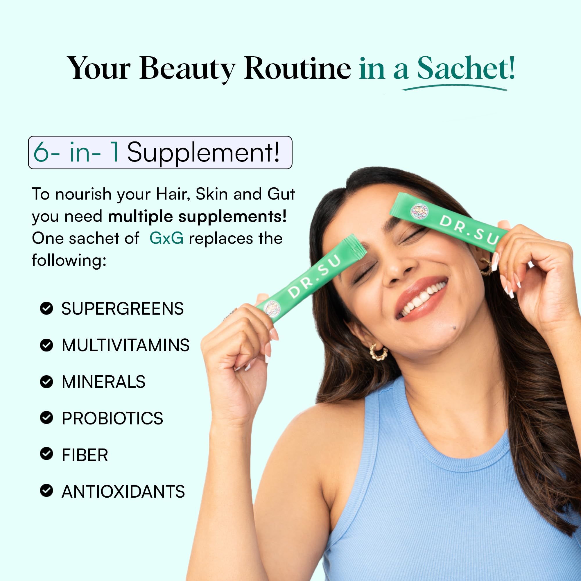 Dr.Su 6-in-1 Supplement Powder | Clear Skin, Strong Hair & Healthy Gut | with Vitamins, Minerals, Antioxidants, Probiotics, Fiber & Adaptogens | Lemon Mint | Sugar-Free | 30 Sachets | Unisex - TrustMedUSA