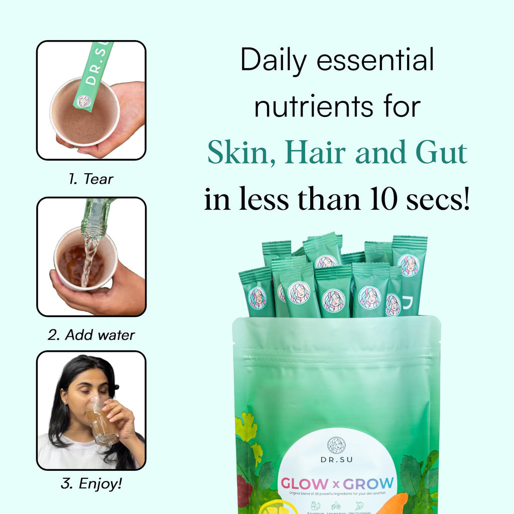 Dr.Su 6-in-1 Supplement Powder | Clear Skin, Strong Hair & Healthy Gut | with Vitamins, Minerals, Antioxidants, Probiotics, Fiber & Adaptogens | Lemon Mint | Sugar-Free | 30 Sachets | Unisex - TrustMedUSA