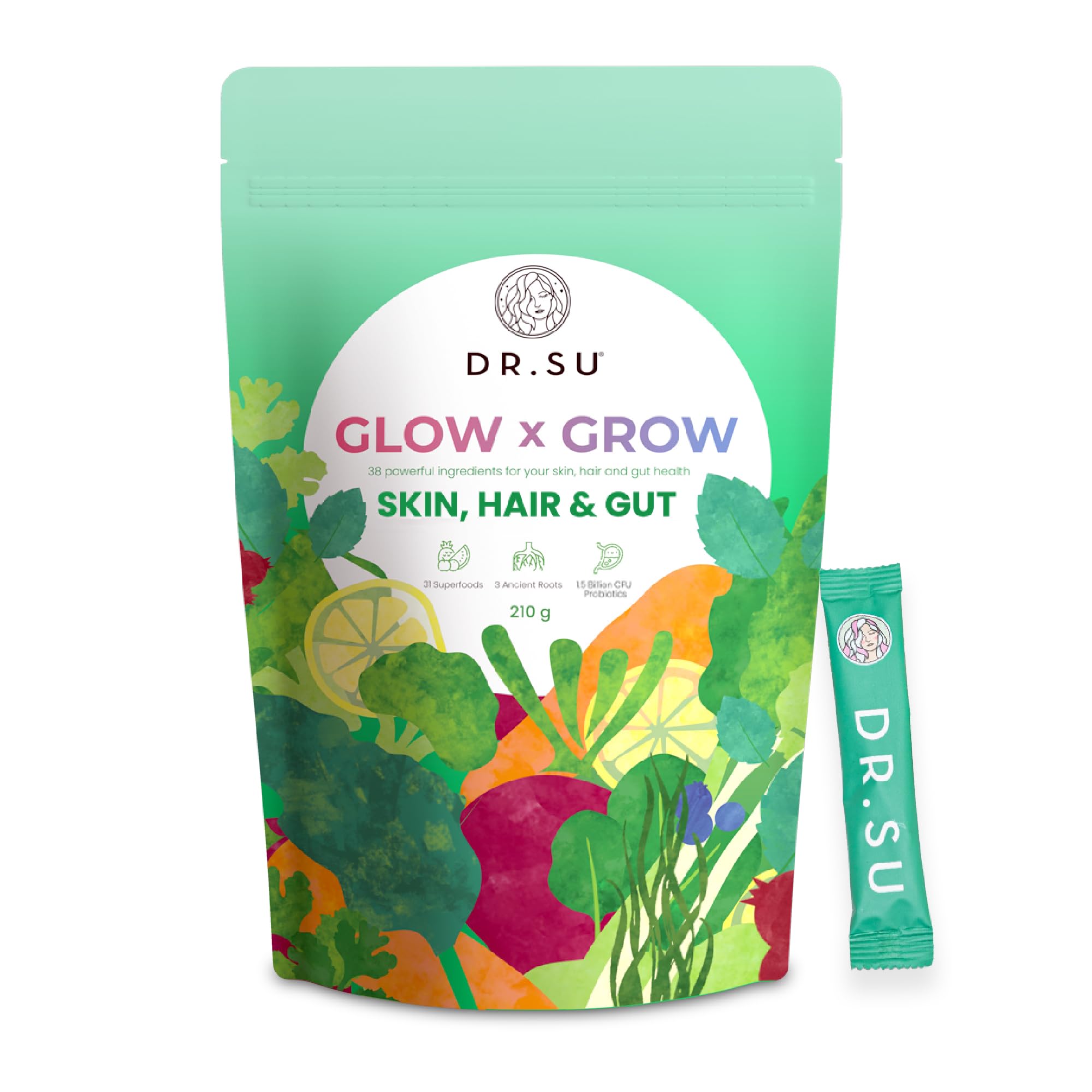 Dr.Su 6-in-1 Supplement Powder | Clear Skin, Strong Hair & Healthy Gut | with Vitamins, Minerals, Antioxidants, Probiotics, Fiber & Adaptogens | Lemon Mint | Sugar-Free | 30 Sachets | Unisex - TrustMedUSA