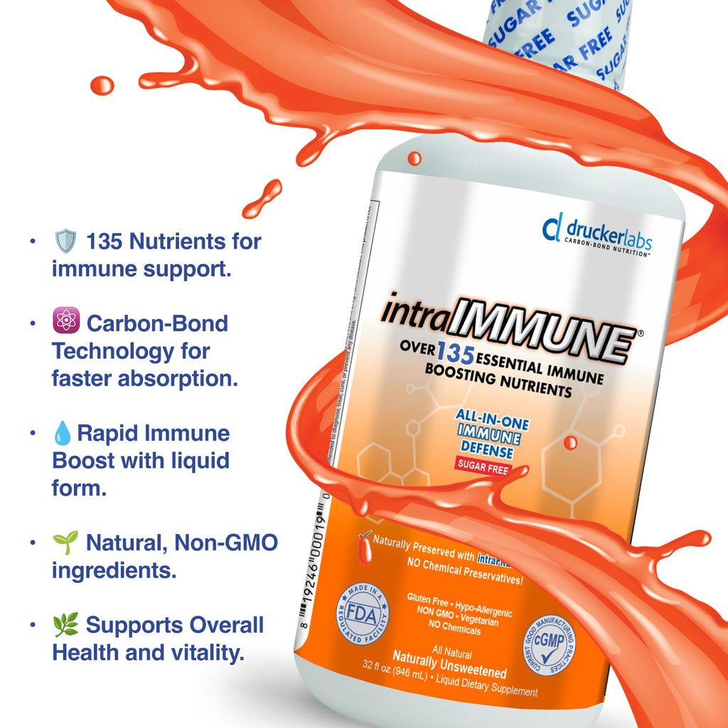 Drucker Labs -intraIMMUNE Organic Liquid Daily Immune & Defense Support, Multivitamin, Elderberry, Echinacea, Zinc, Vitamin D, C E, Vegan, Non GMO, Gluten Free (32 oz., Sugar Free Peach Berry) - TrustMedUSA