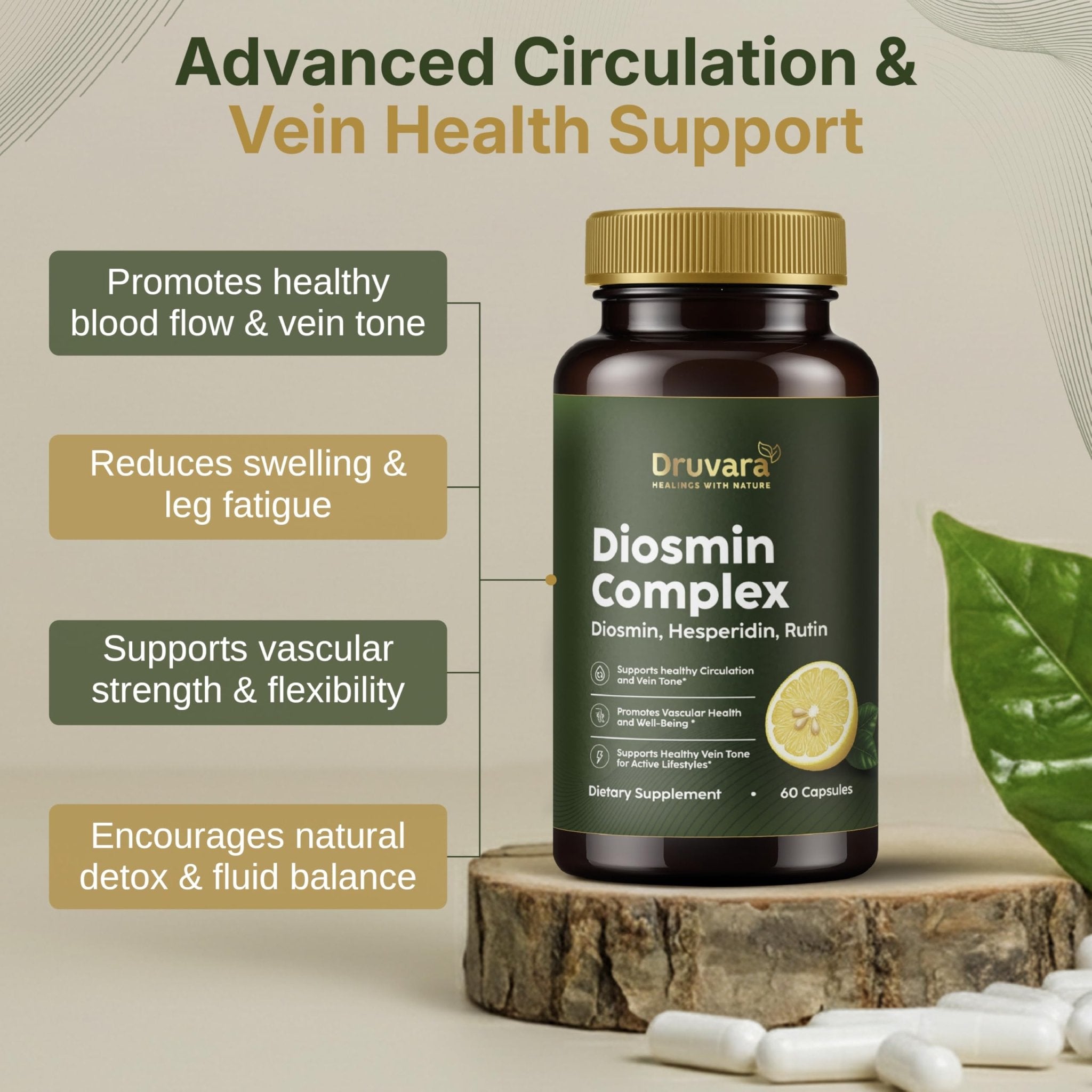 Druvara Diosmin Hesperidin with Rutin & B Vitamins | Vein Support Supplement for Leg Comfort, Healthy Circulation, Vein Strength & Improved Mobility - 60 Capsules - TrustMedUSA