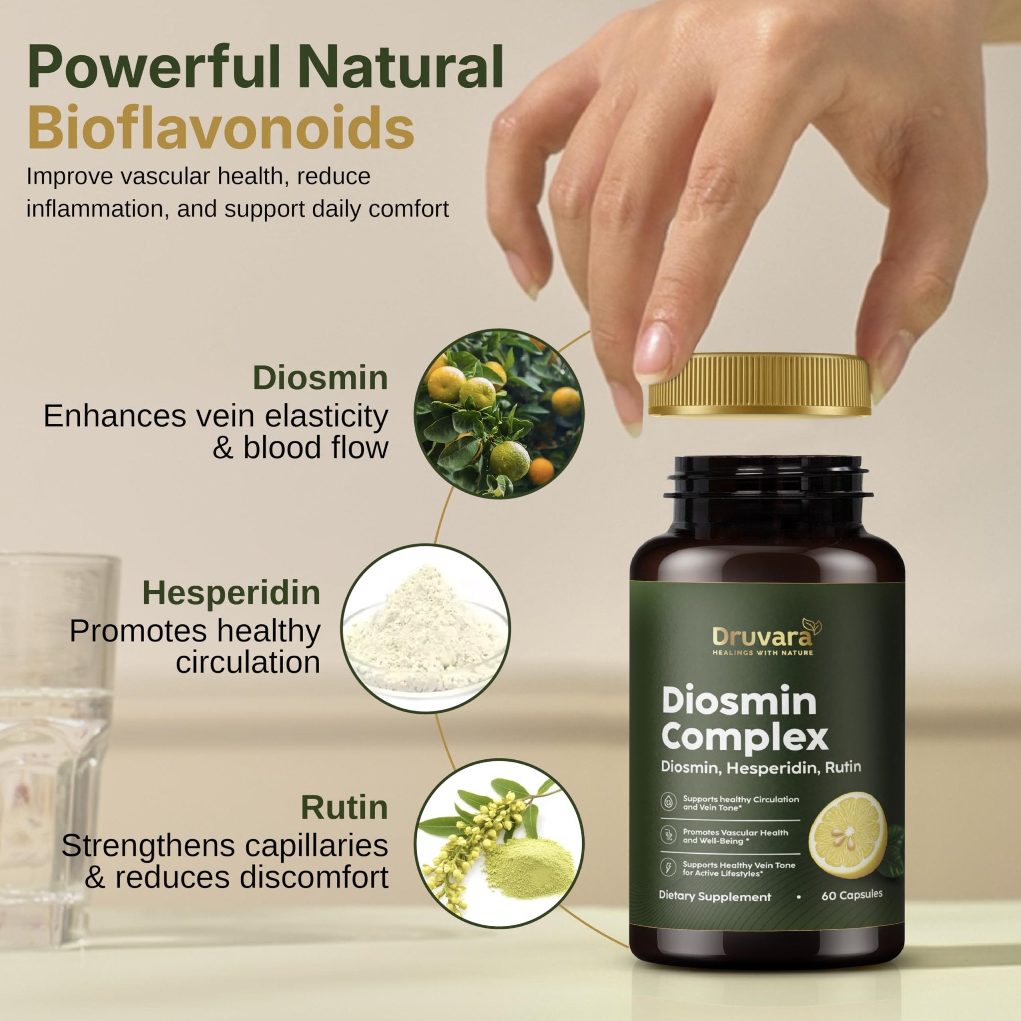 Druvara Diosmin Hesperidin with Rutin & B Vitamins | Vein Support Supplement for Leg Comfort, Healthy Circulation, Vein Strength & Improved Mobility - 60 Capsules - TrustMedUSA